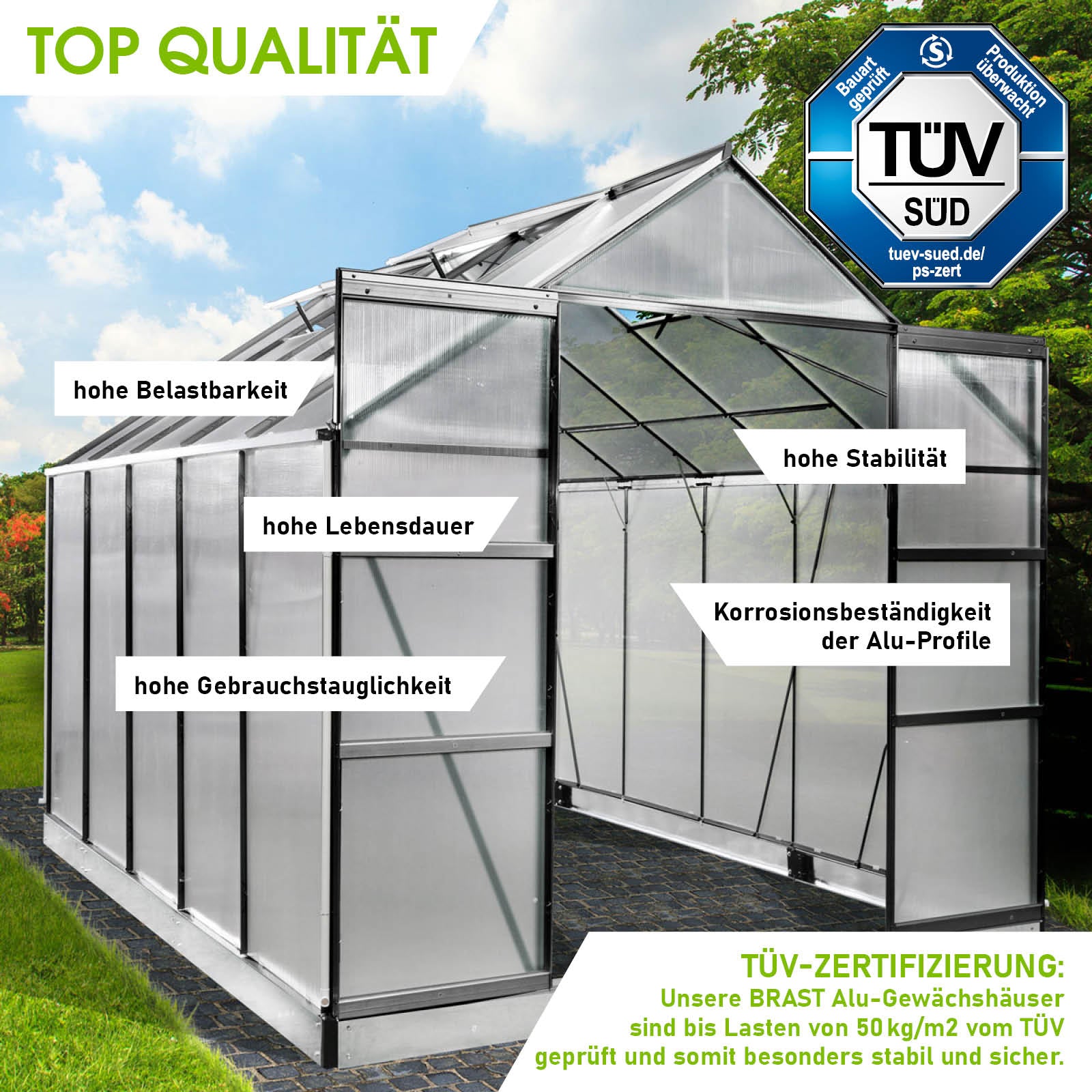 Anthrazitfarbenes Aluminium Gewächshaus 310x250x235 mit Fundament, begehbar, windsicher, korrosionsbeständige Profile.