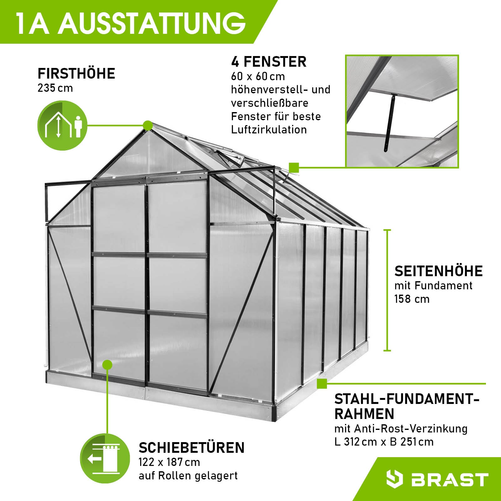 Anthrazitfarbenes aluminium gewächshaus treibhaus 310x250x235 cm mit 4 Fenstern, Schiebetüren, Stahl-Fundamentrahmen,.