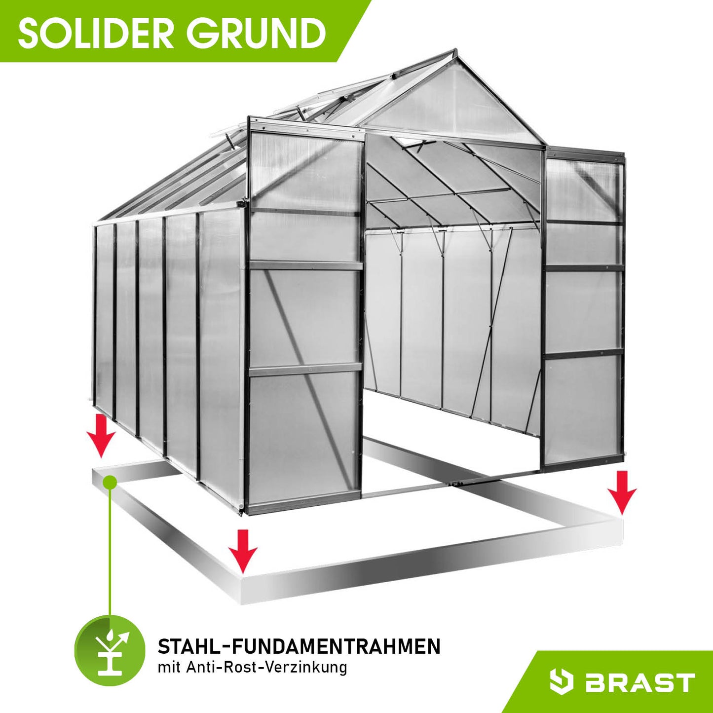 Anthrazitfarbenes Aluminium Gewächshaus treibhaus mit Fundamentrahmen und großer begehbarer Tür, windsicher für Garten.