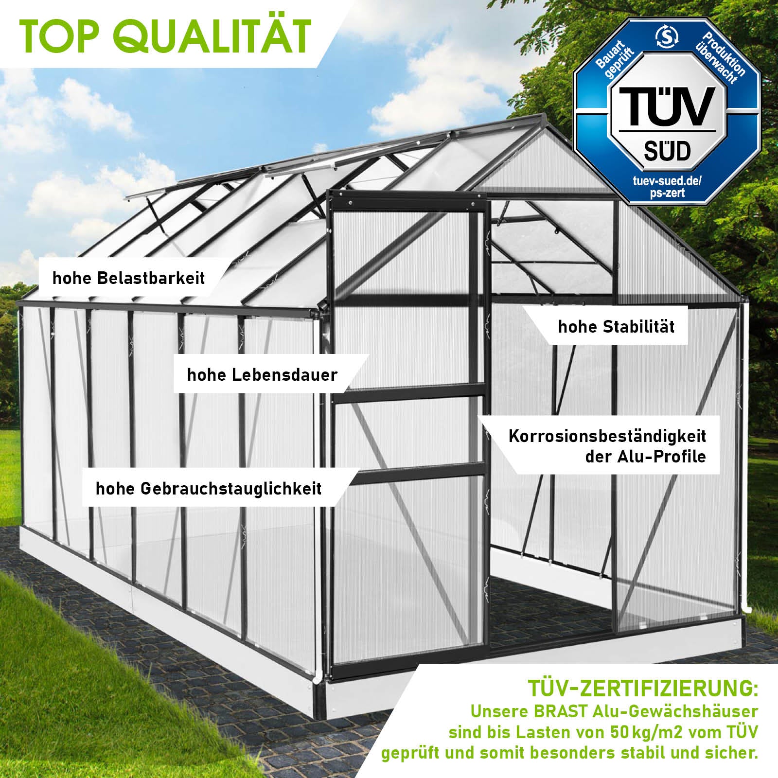 Anthrazitfarbenes Aluminium Gewächshaus 380x190x195 mit Fundament, begehbar, windsicher und korrosionsbeständig.