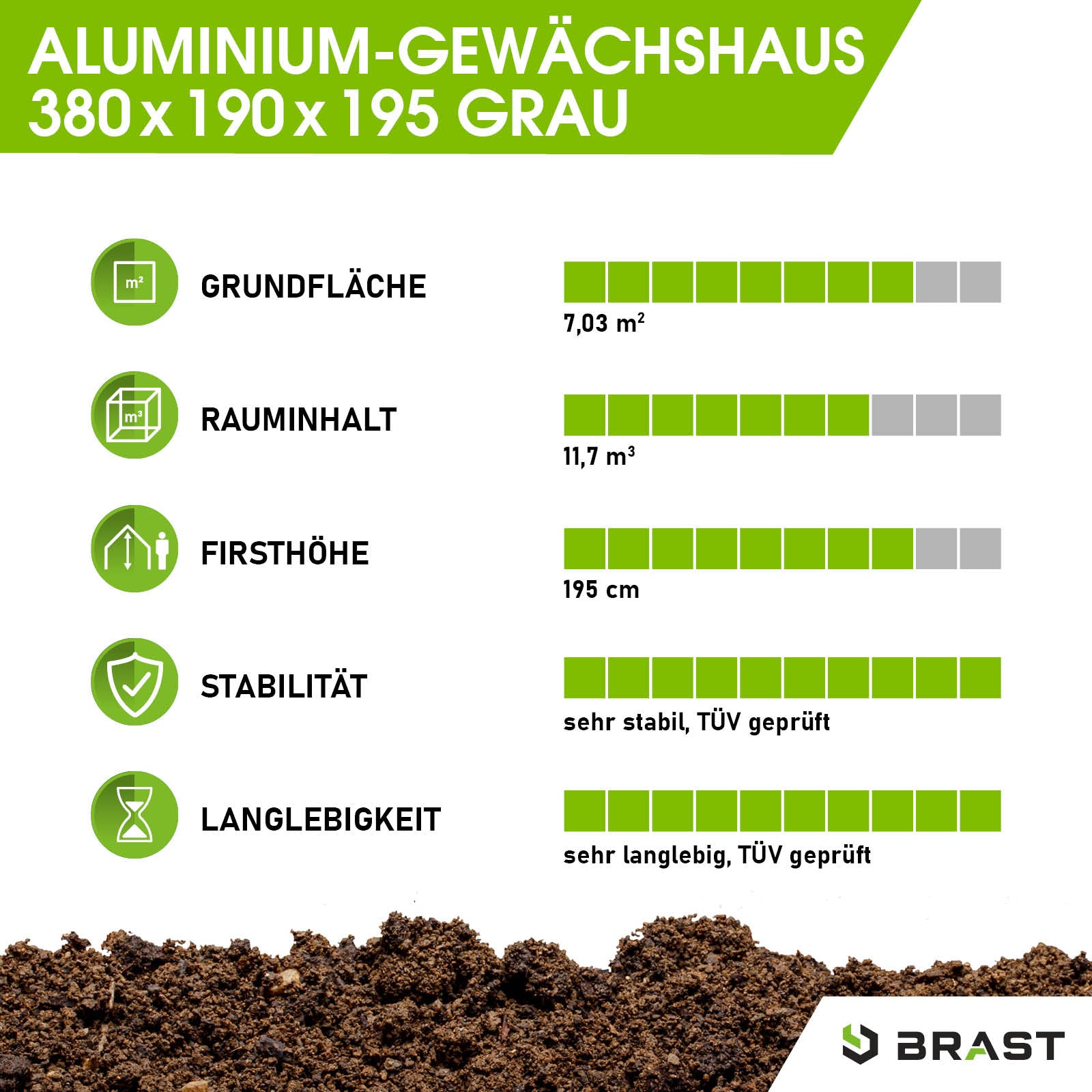 Aluminium Gewächshaus Treibhaus 380x190x195 cm anthrazit mit Fundament, windsicher, begehbar fürs Garten.