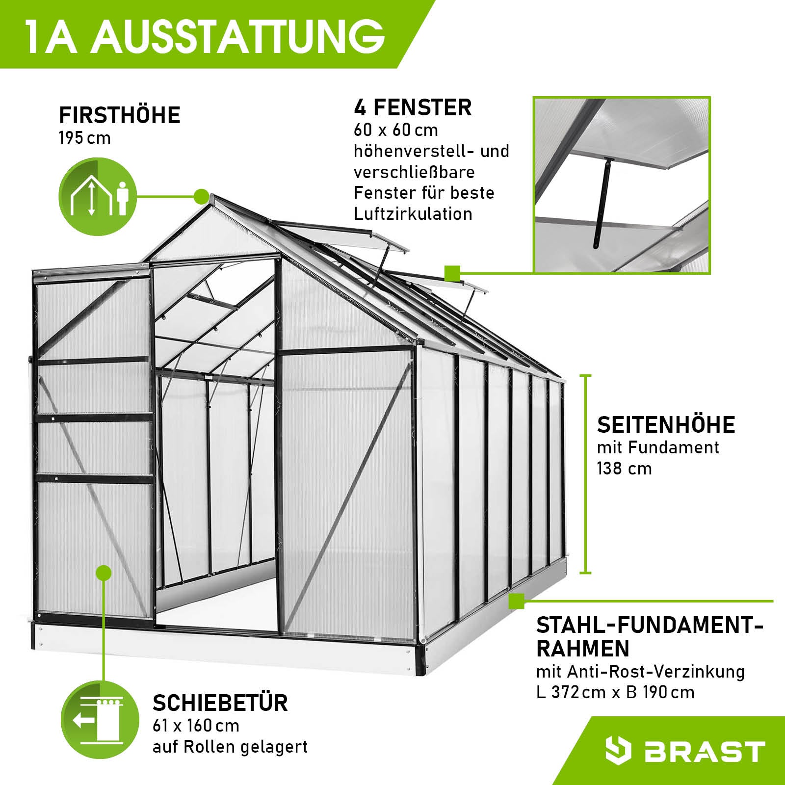 Anthrazitfarbenes Aluminium Gewächshaus 380x190x195 mit Stahl-Fundamentrahmen, vier Fenstern und Schiebetür, begehbares.