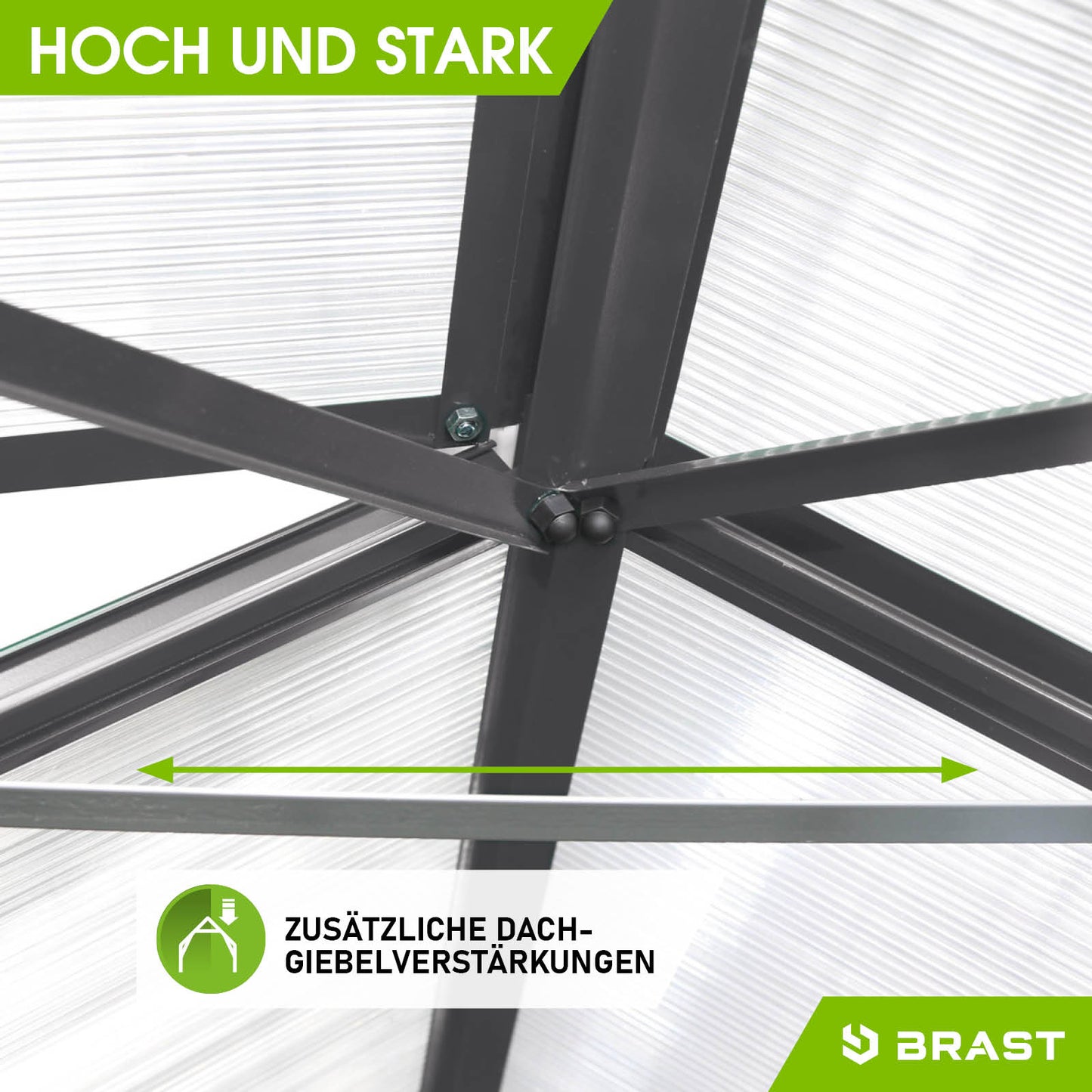 Stabile Aluminium-Gewächshaus Konstruktion mit Dach-Giebelverstärkungen, windsicher und begehbar, Gewächshaus mit Fundament.