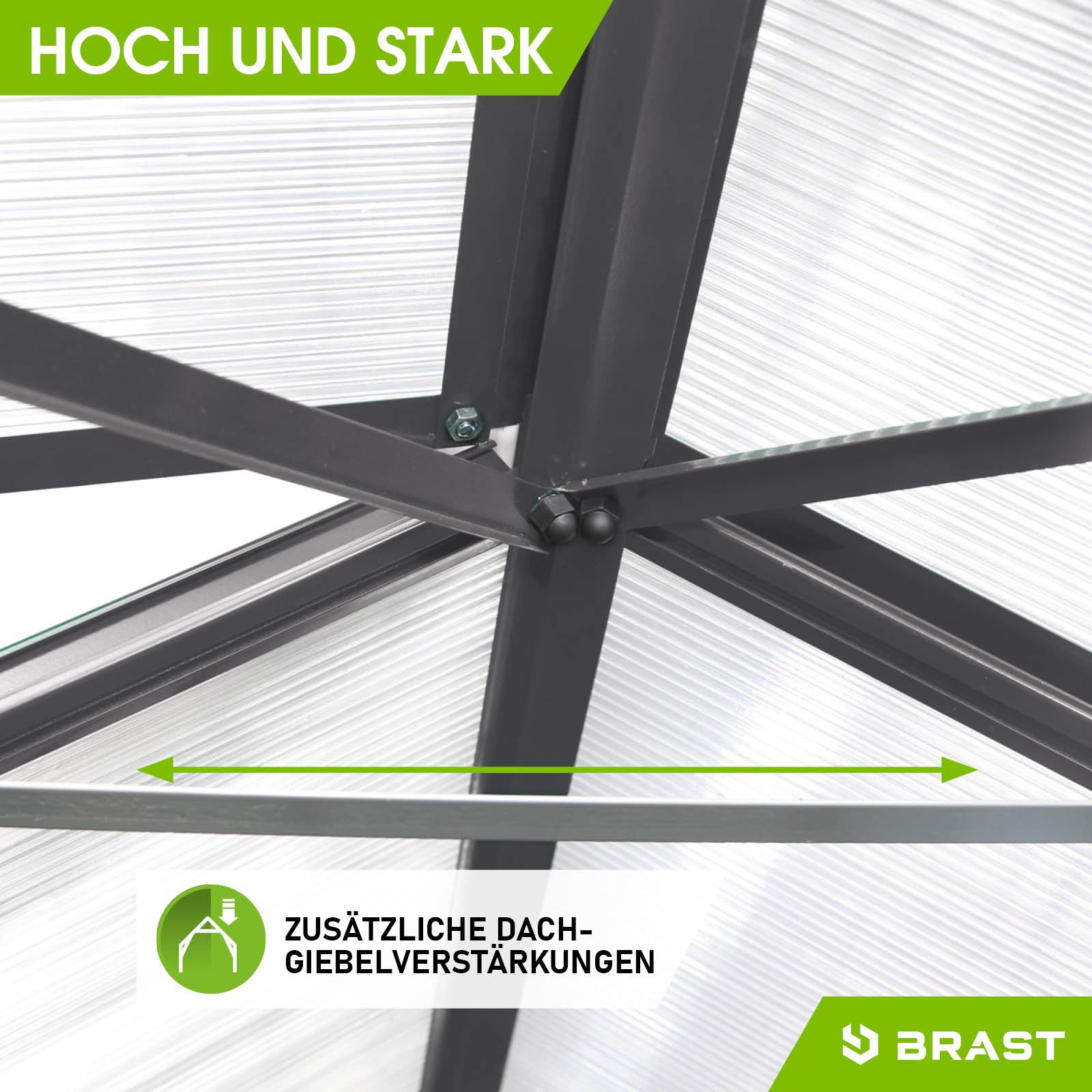 Stabile Aluminium-Gewächshaus Konstruktion mit Dach-Giebelverstärkungen, windsicher und begehbar, Gewächshaus mit Fundament.