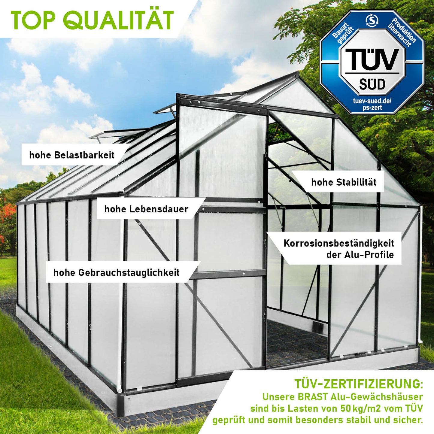 Anthrazitfarbenes Aluminium Gewächshaus 380x250x205 mit Fundament, begehbar und windsicher, stabiles Gewächshaus Treibhaus.