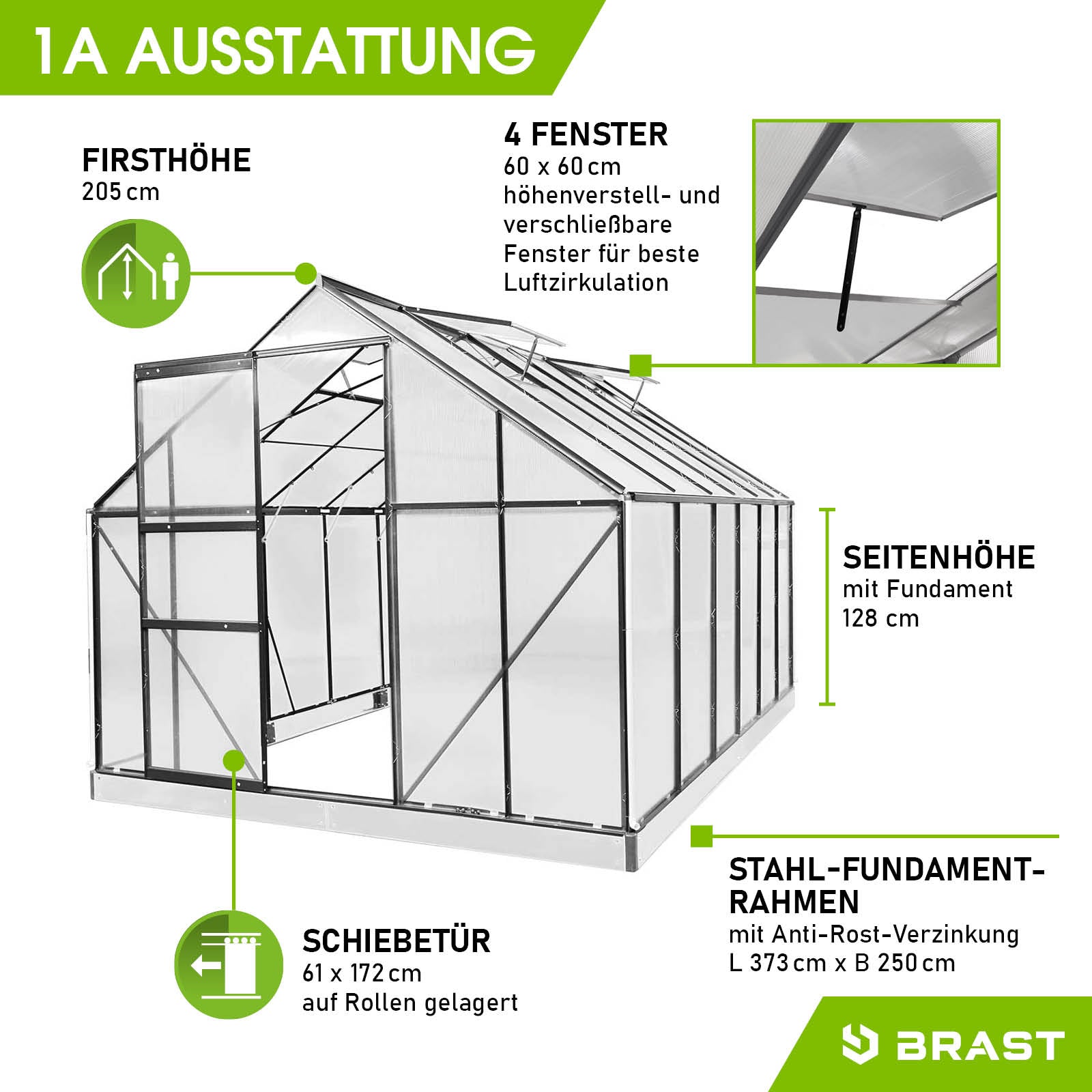Anthrazitfarbenes Aluminium Gewächshaus Treibhaus 380x250x205 cm mit Stahl-Fundamentrahmen, 4 Fenstern und Schiebetür,.