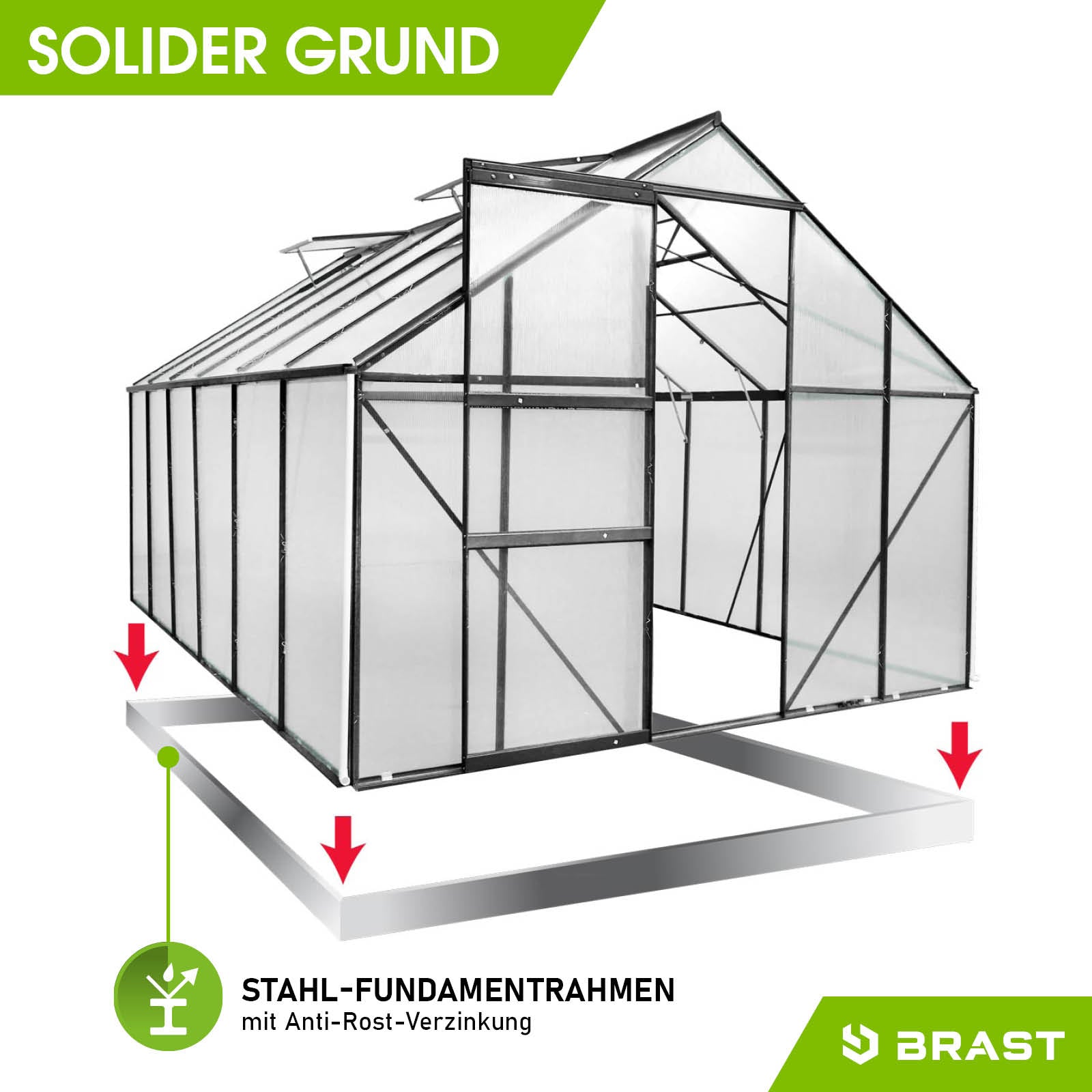 Begehbares Aluminium Gewächshaus mit Stahl-Fundamentrahmen, anthrazit, windsicher, 380x250x205 cm, Gewächshaus Treibhaus für .