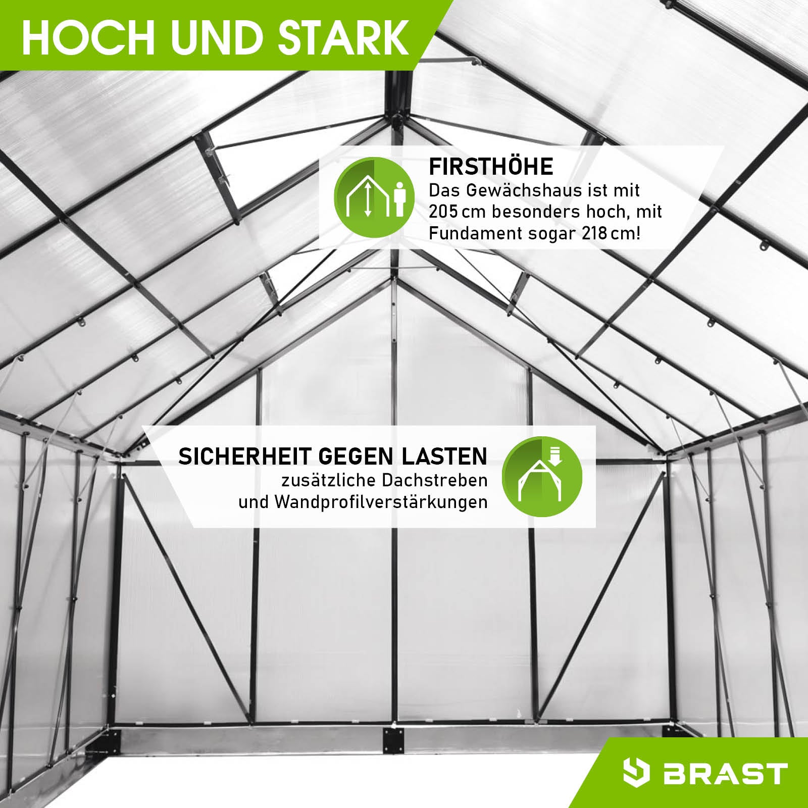 Anthrazitfarbenes Aluminium Gewächshaus mit Fundament, begehbar, windsicher und stabil für Garten und Treibhausansprüche.