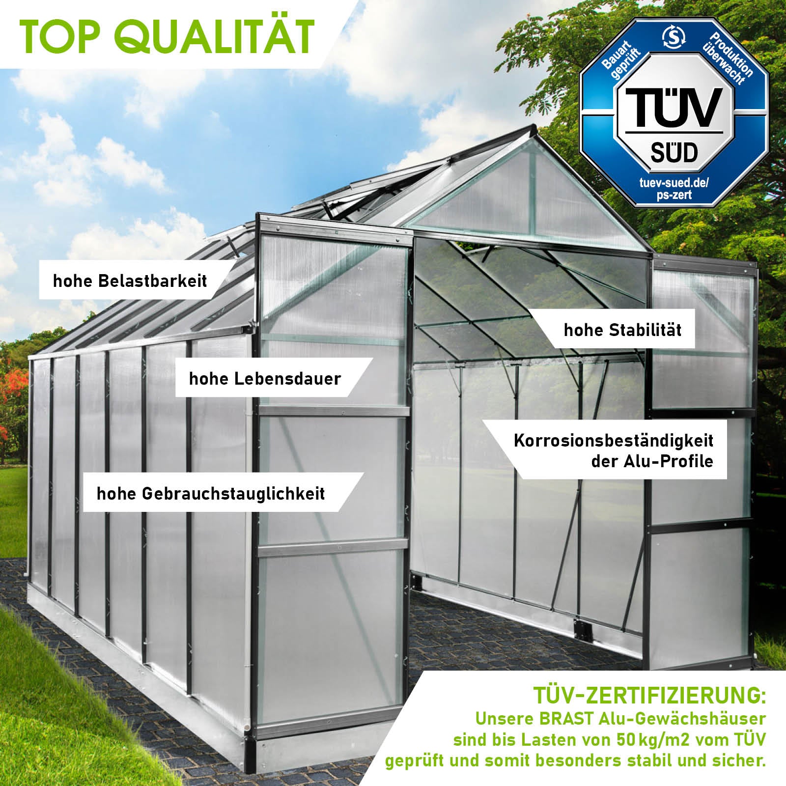 Anthrazitfarbenes Aluminium Gewächshaus mit Fundament, begehbares, windsicheres Gewächshaus Treibhaus für Garten.