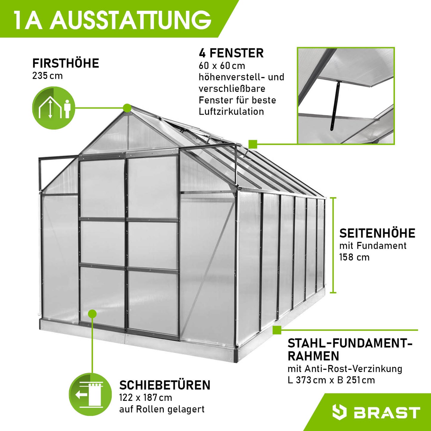 Anthrazitfarbenes Aluminium Gewächshaus mit Fundament, begehbar, vier Fenstern und Schiebetüren, windsicher.