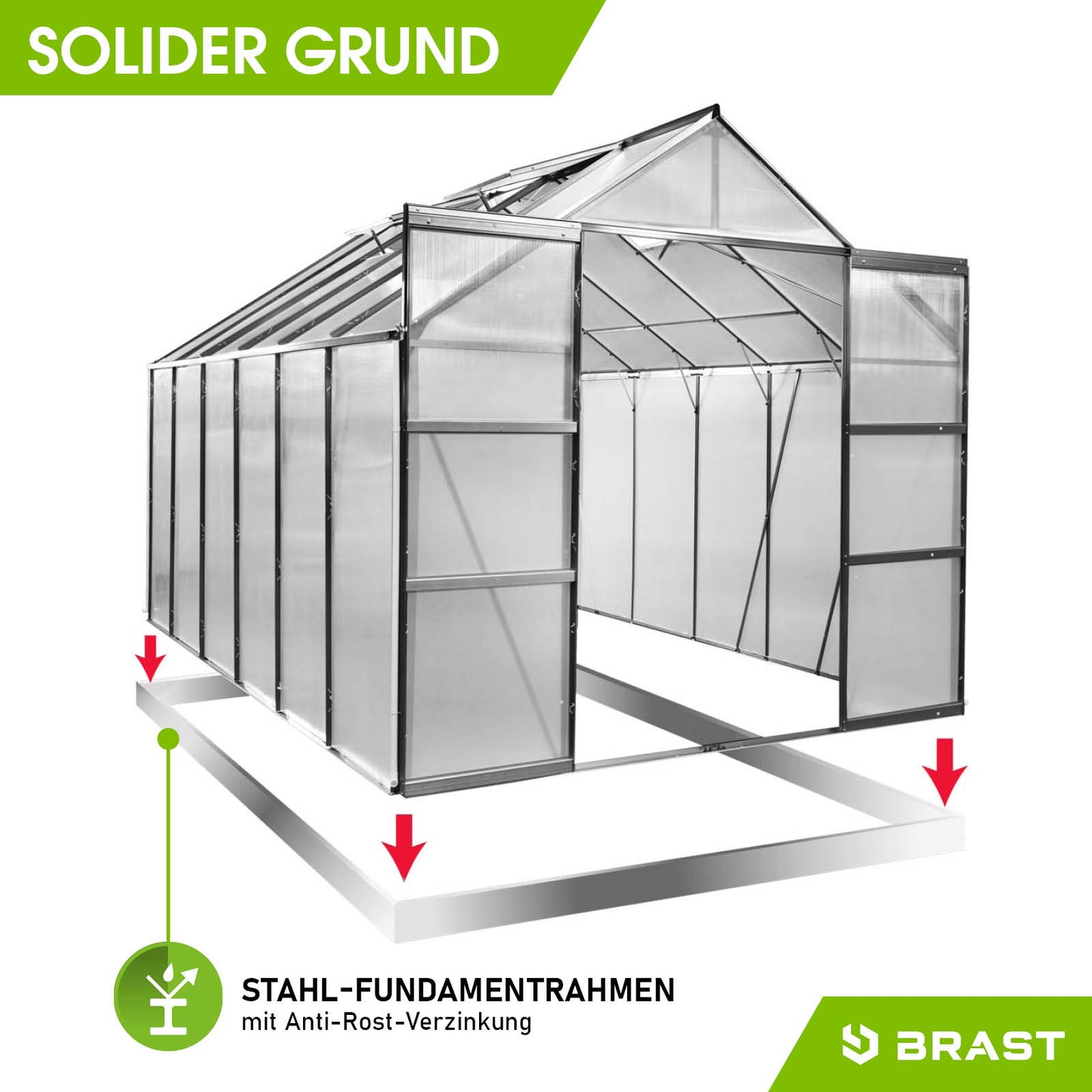 Anthrazitfarbenes Aluminium Gewächshaus 380x250x235 mit Fundamentrahmen, windsicher, begehbar, ideal als Gewächshaus.