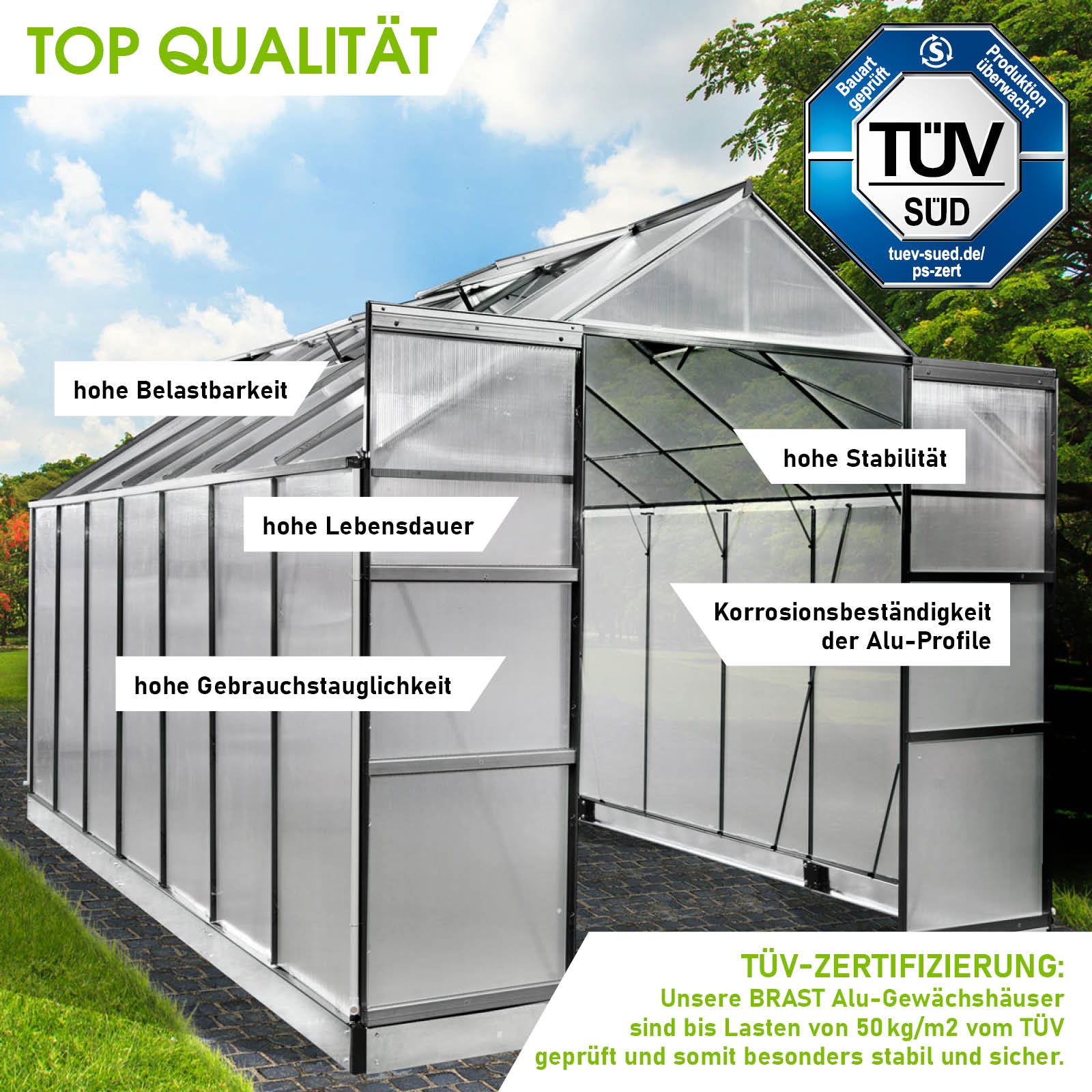 Anthrazitfarbenes Aluminium Gewächshaus mit Fundament, windsicher und begehbar, ideal als Garten-Treibhaus.
