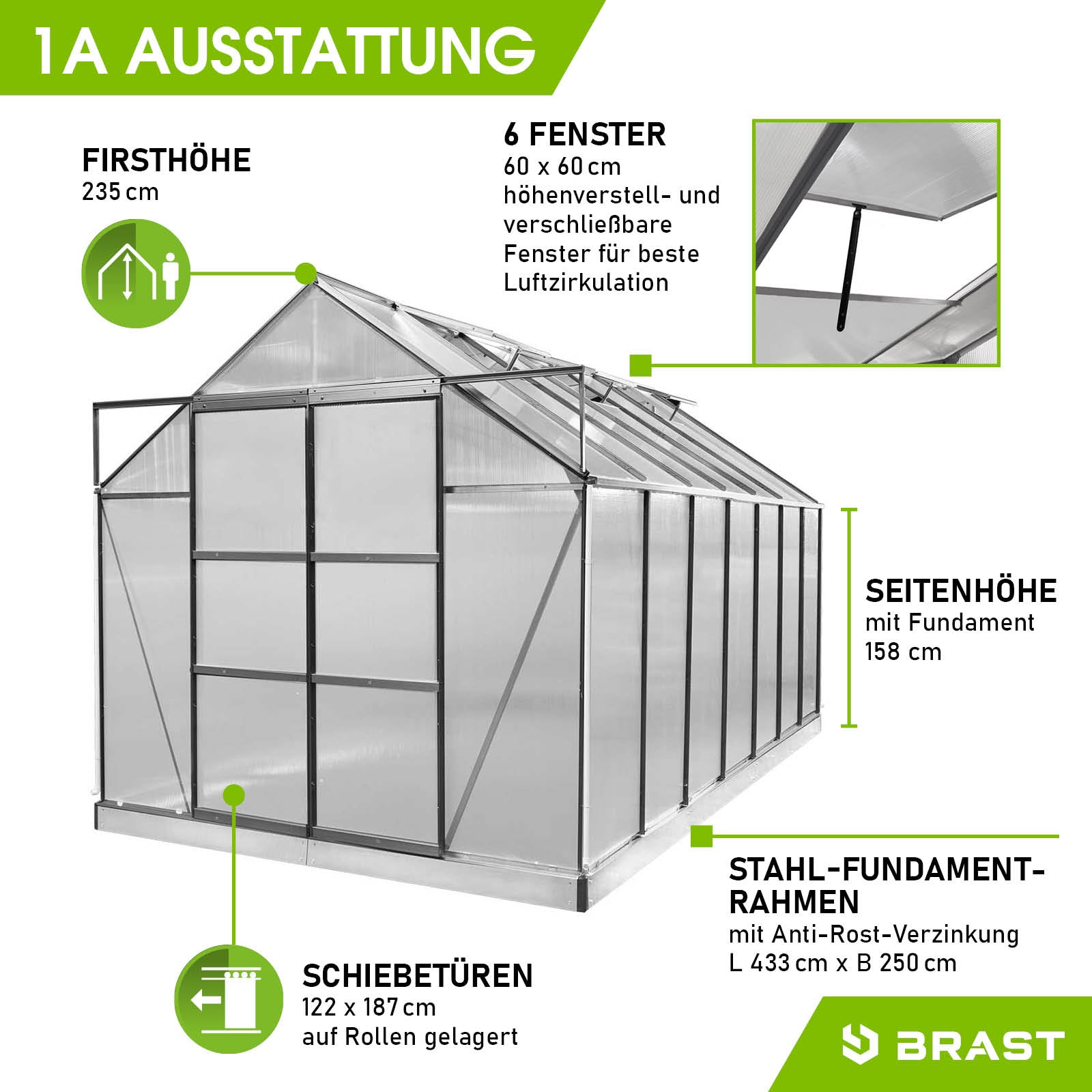 Anthrazitfarbenes Aluminium Gewächshaus 430x250x235 mit Fundament, Schiebetüren, 6 Fenstern und Stahlrahmen, begehbares,.
