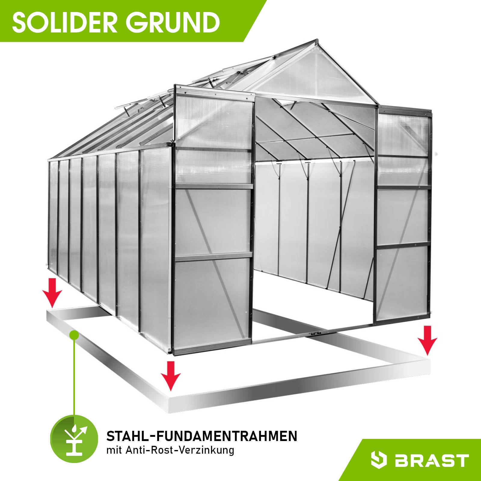 Anthrazitfarbenes Aluminium Gewächshaus mit Stahl-Fundamentrahmen, begehbar, windsicher, 430x250x235 cm.