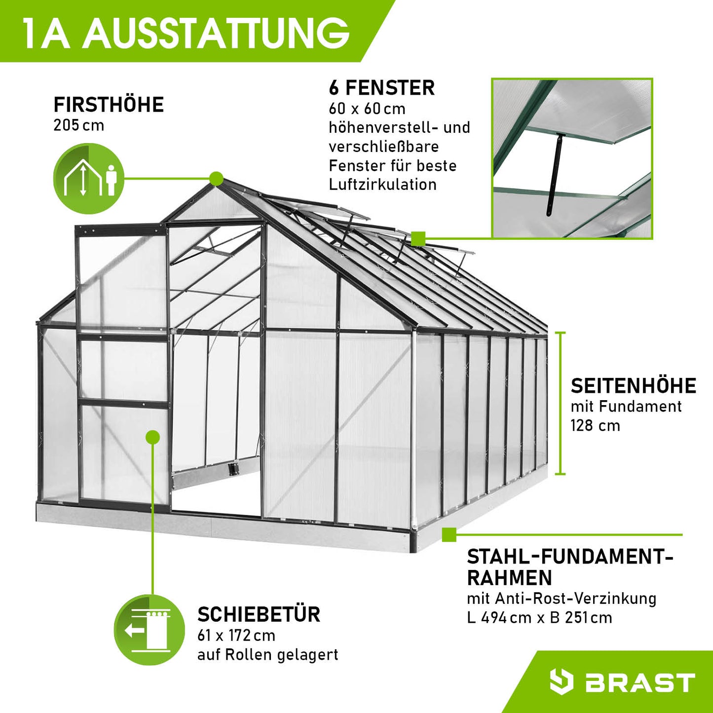 Anthrazitfarbenes Aluminium Gewächshaus 490x250x205 cm mit 6 Fenstern, Schiebetür, Stahl-Fundamentrahmen, begehbares.