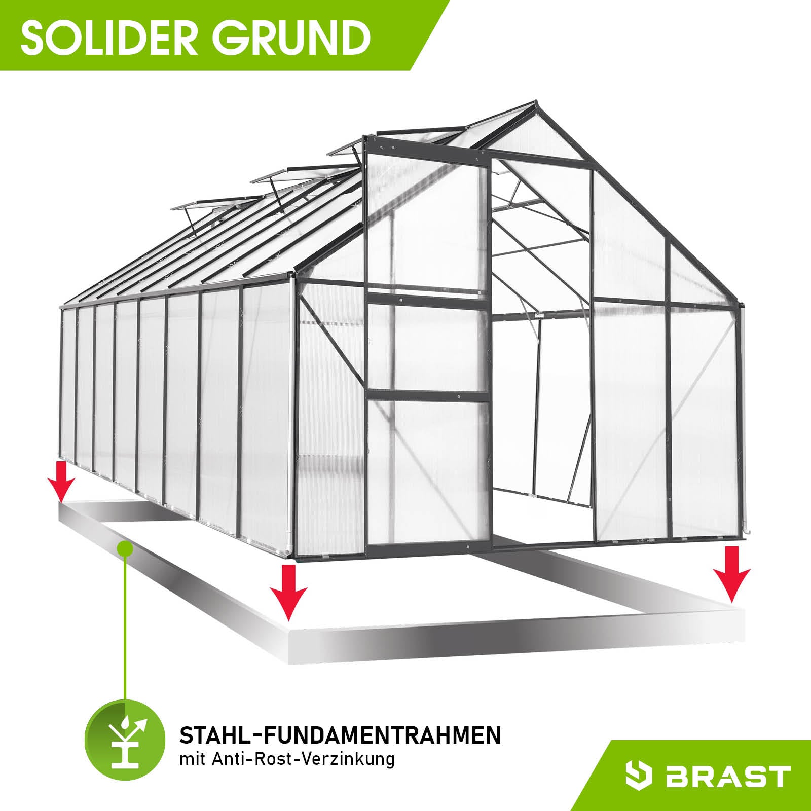 Anthrazitfarbenes aluminium gewächshaus mit stahl-fundamentrahmen, windsicher und begehbar, gewächshaus für garten.