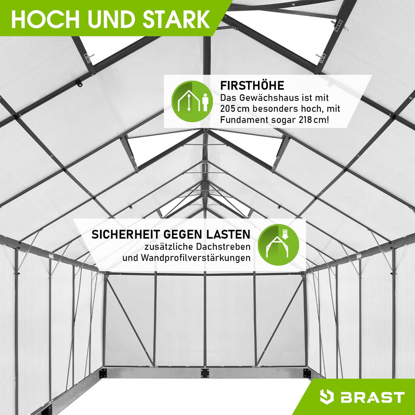 Anthrazitfarbenes Aluminium Gewächshaus 490x250x205 mit Fundament, windsicher und begehbar.