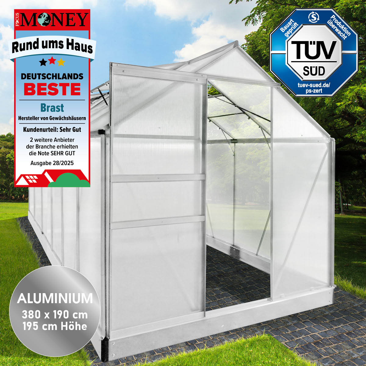 Aluminium Gewächshaus 380x190x195