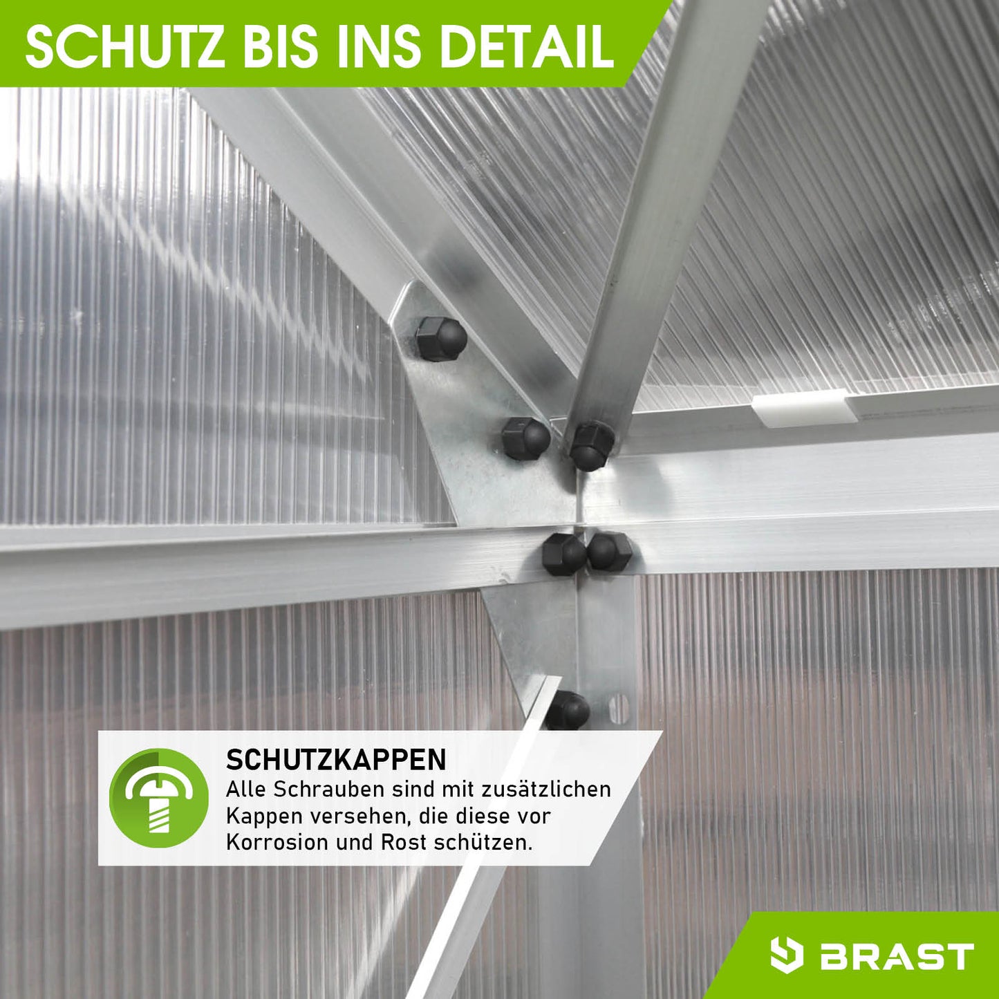 Detailaufnahme Aluminium Gewächshaus mit stabilem Fundament und windsicherer Konstruktion aus Aluminiumgewächshausprofilen.