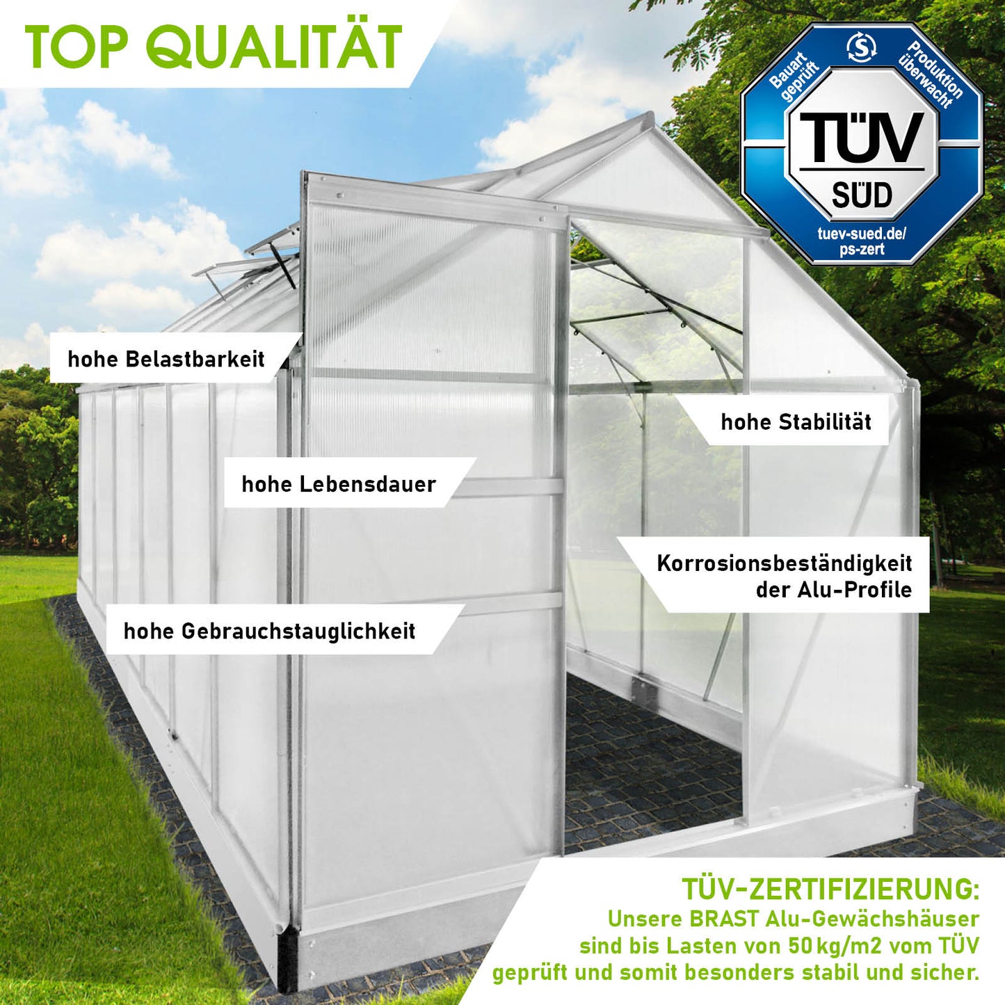 Windstabiles Aluminium Gewächshaus 380x190x195 mit Fundament, begehbares Gewächshaus für Garten, korrosionsbeständige.