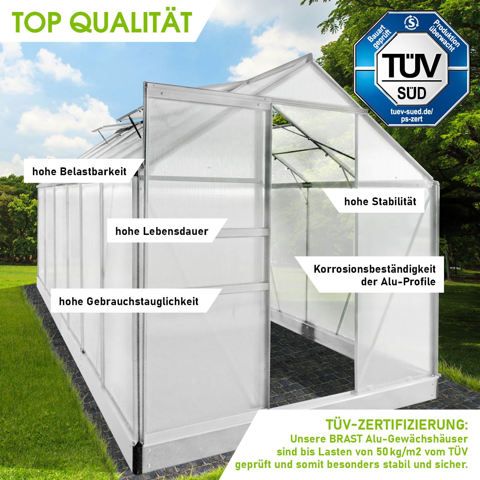 Windstabiles Aluminium Gewächshaus 380x190x195 mit Fundament, begehbares Gewächshaus für Garten, korrosionsbeständige.