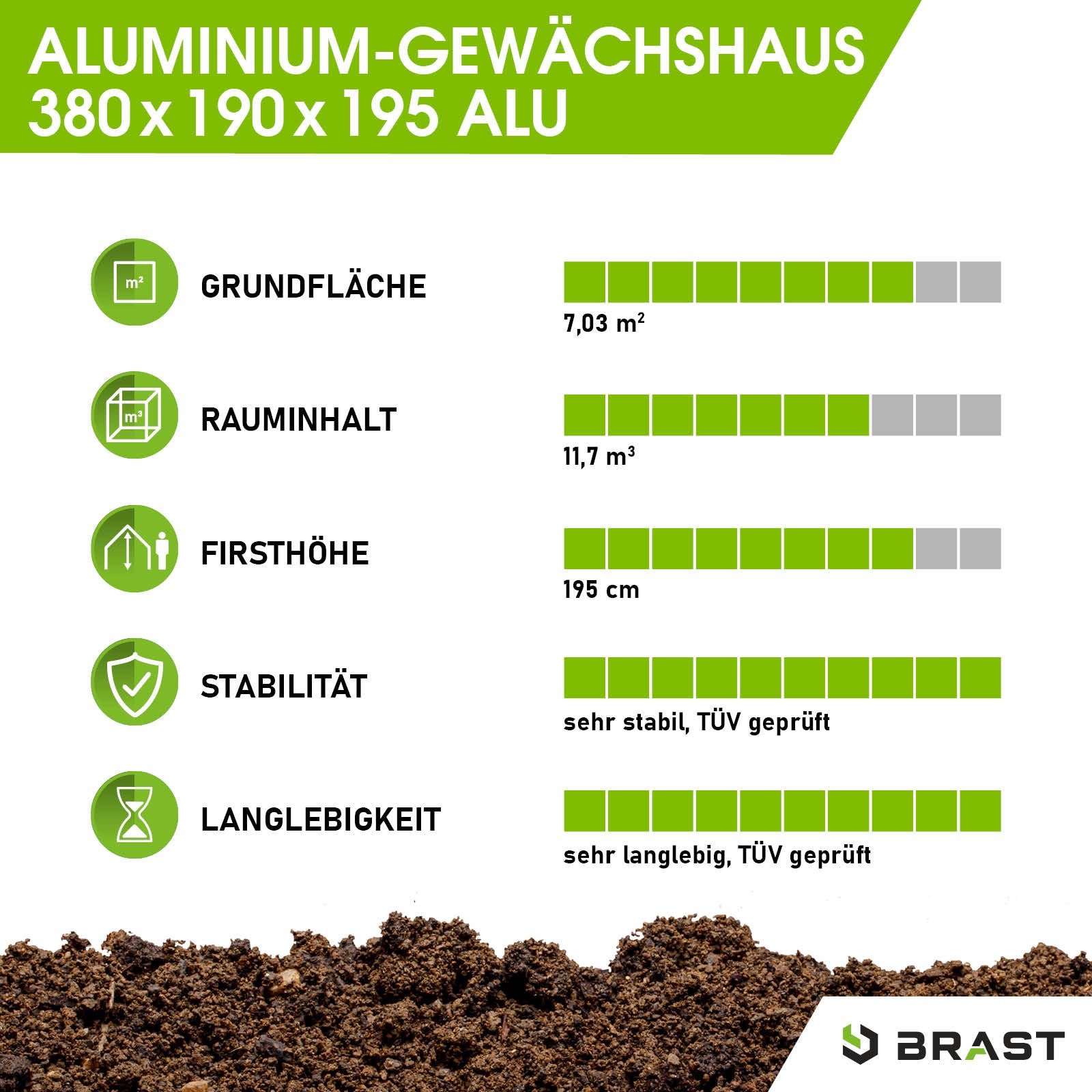 Aluminium Gewächshaus 380x190x195 mit stabilem Fundament, windsicheres, begehbares Gewächshaus Treibhaus für Garten.