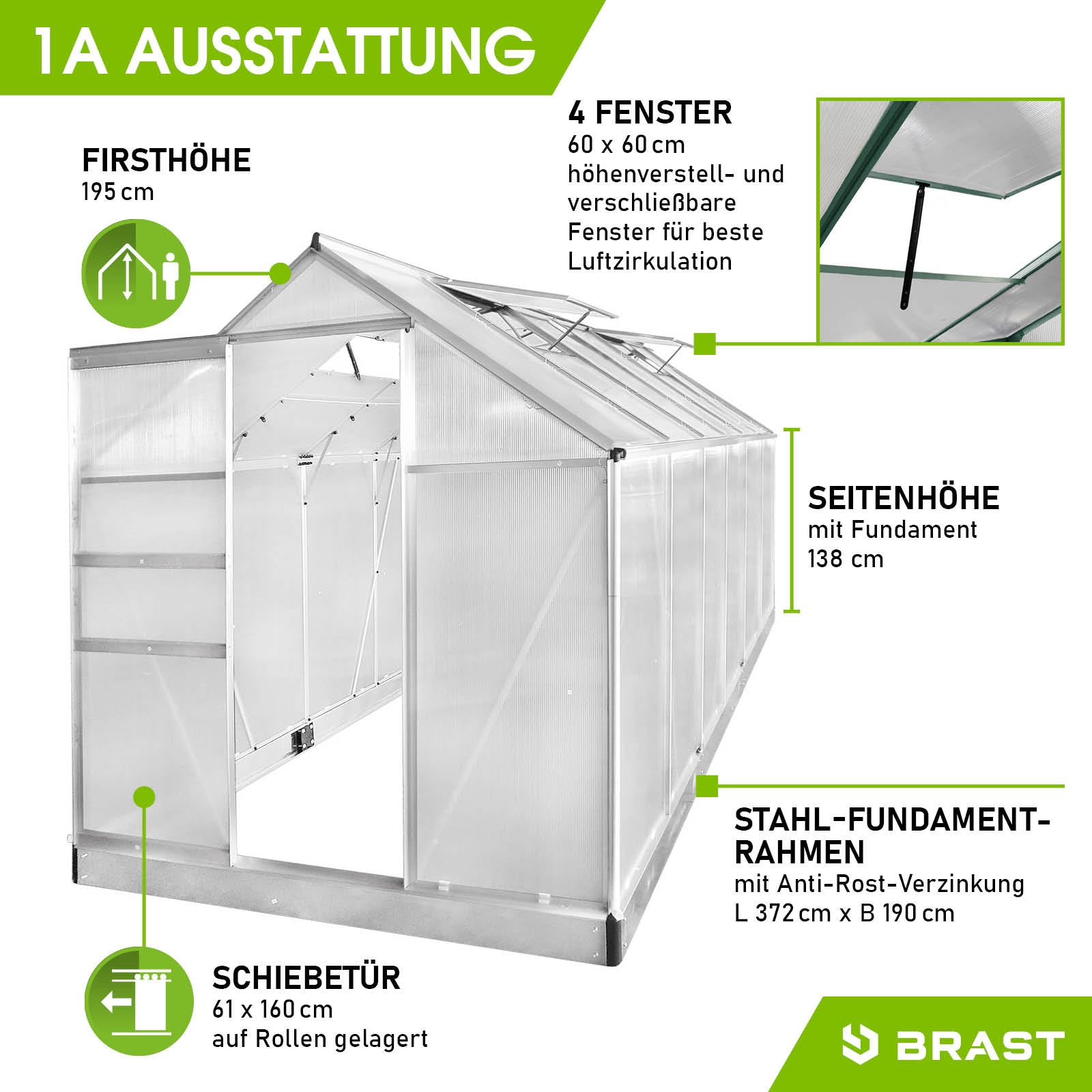 Aluminium Gewächshaus 380x190x195 cm mit Fundament, 4 Fenstern, Schiebetür, windsicher und begehbar.