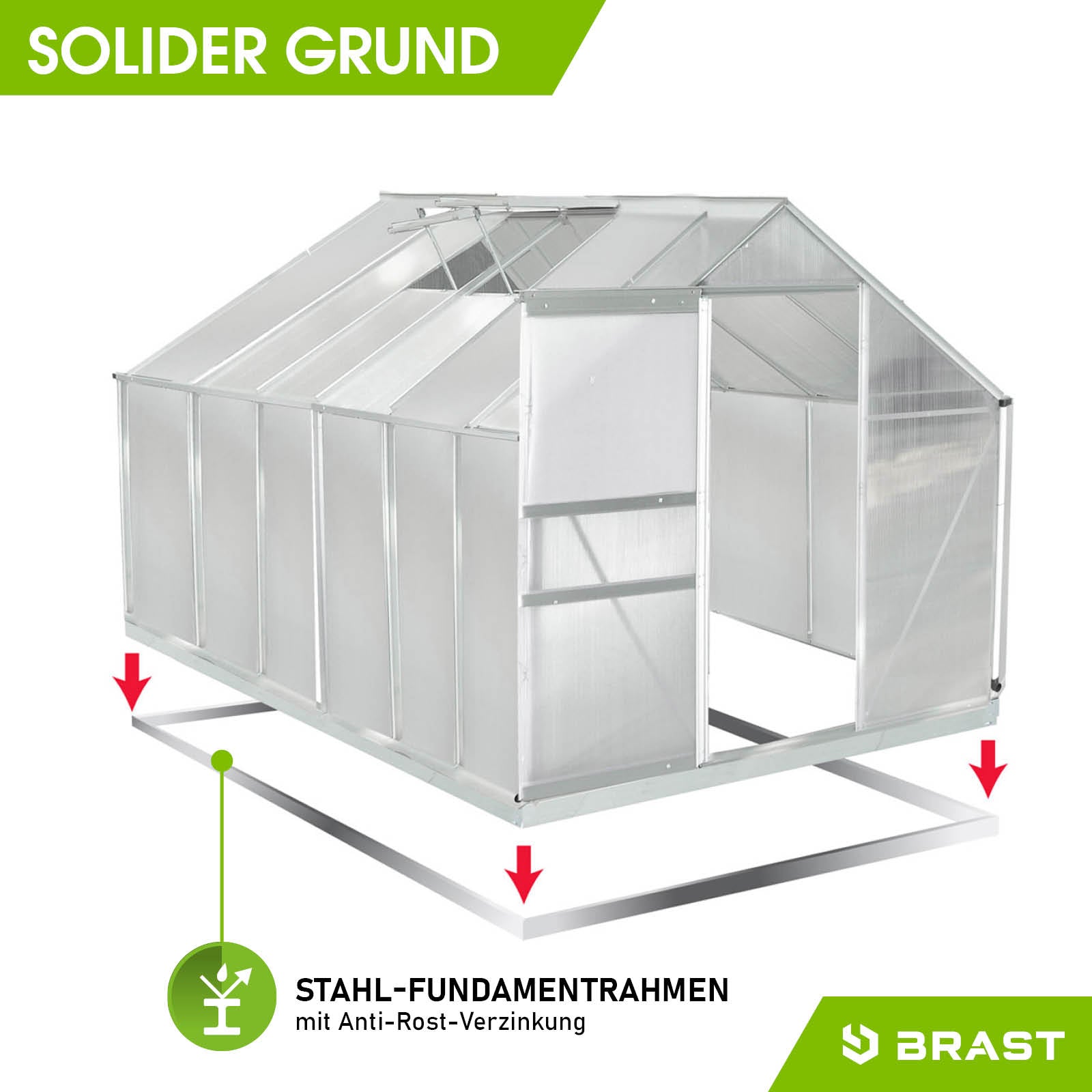 Aluminium Gewächshaus mit Fundamentrahmen, begehbares Gewächshaus Treibhaus für Garten, windsicher, rechteckig mit Türöffnung.