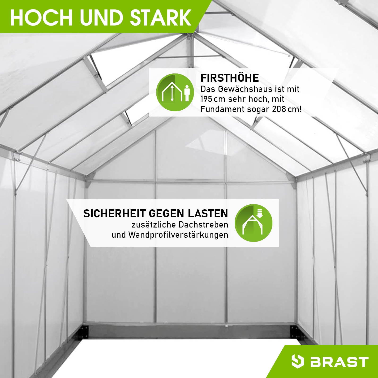 Aluminium Gewächshaus 380x190x195 begehbar mit Fundament, windsicher und stabil für Garten.