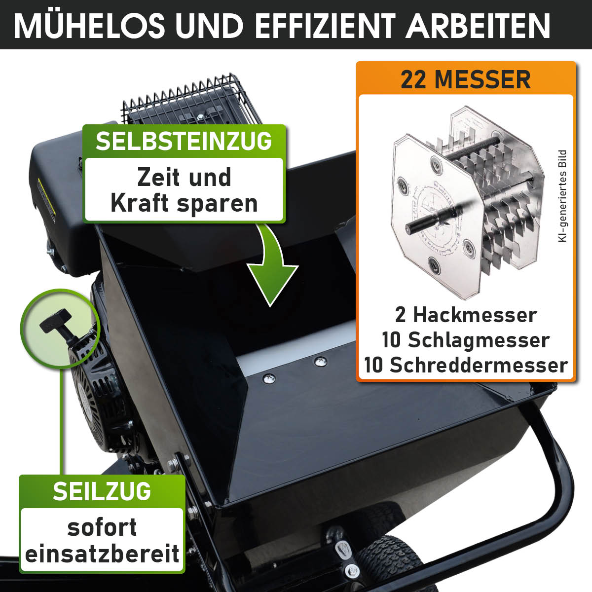 Häcksler mit 22 Messern: 2 Hackmesser, 10 Schlagmesser, 10 Schreddermesser. Selbsteinzug und Start über Seilzug