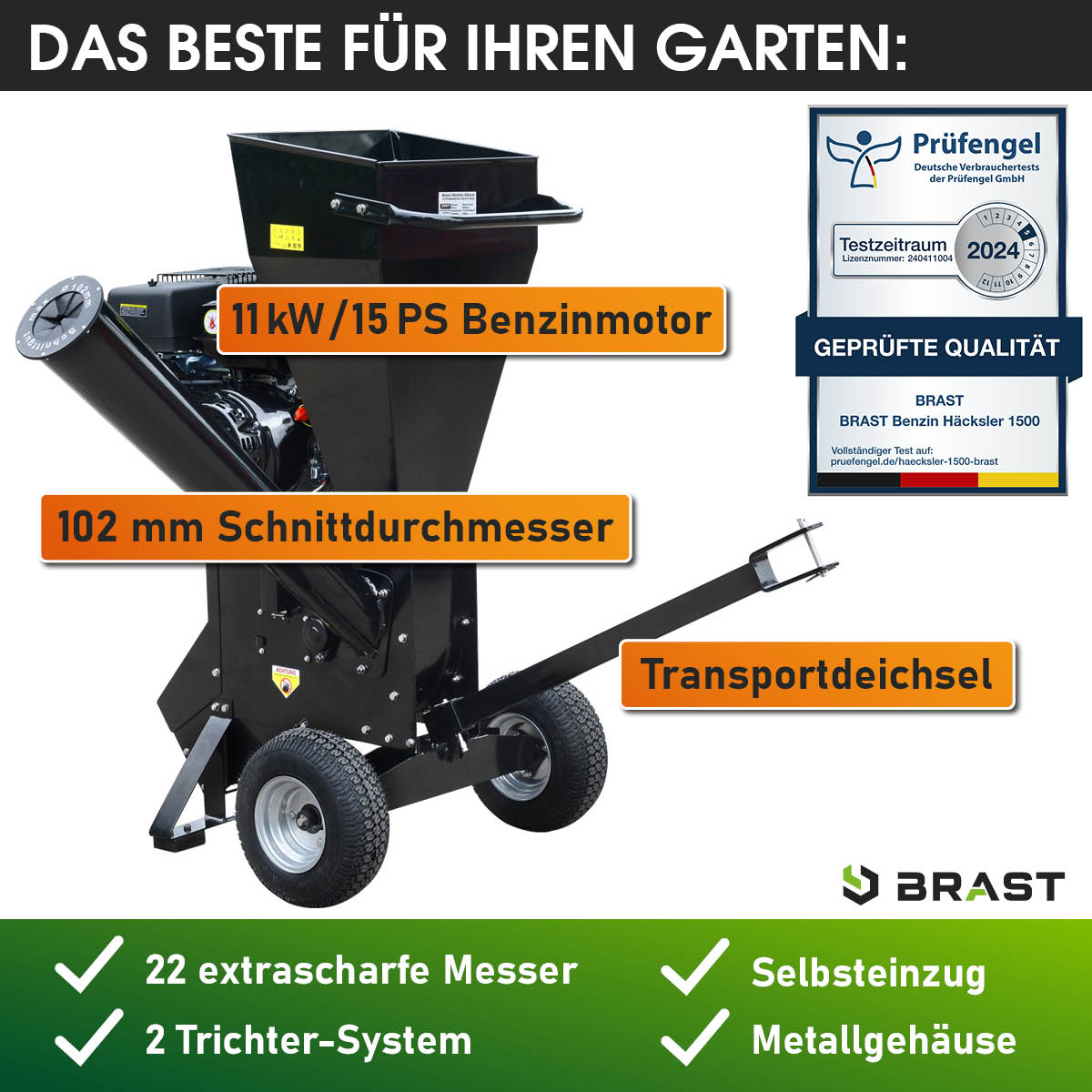 Brast Häcksler mit 11 kW / 15 PS Benzinmotor, 102 mm Schnittdurchmesser und inkl. Transportdeichsel