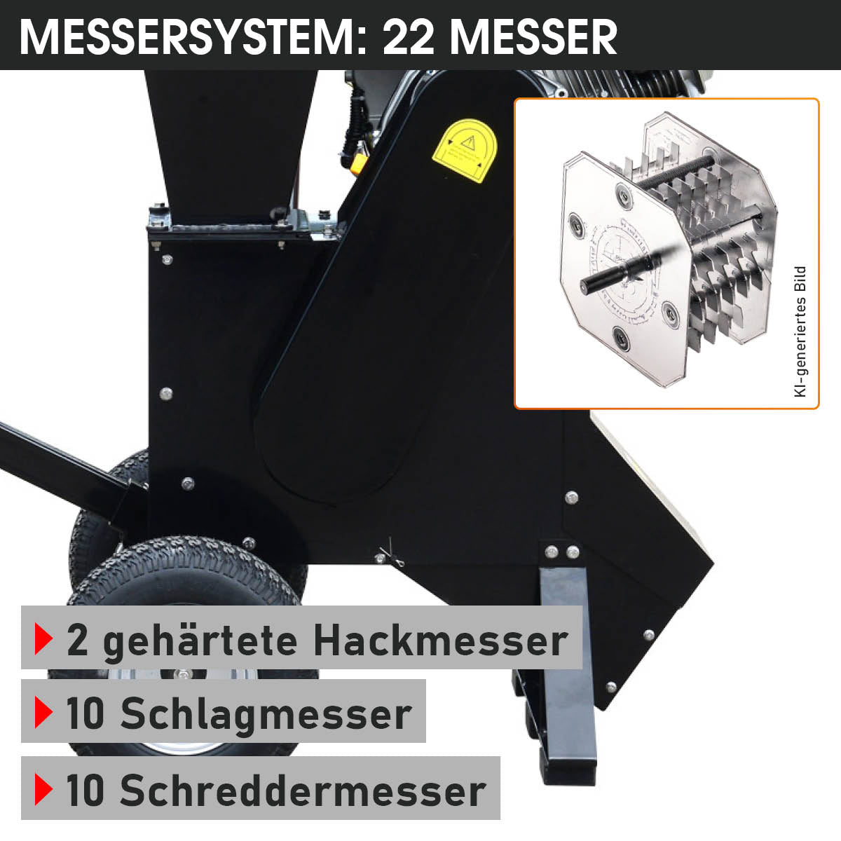 Häcksler mit 22 Messern: 2 gehärtete Hackmesser, 10 Schlagmesser, 10 Schreddermesser