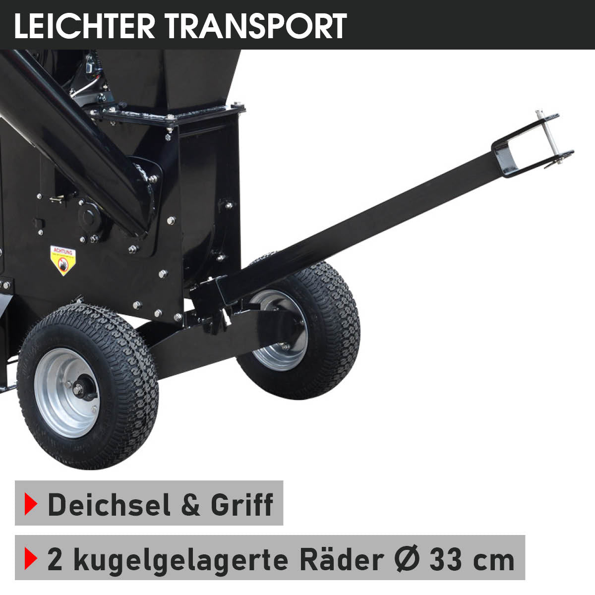 Leichter Transport dank Deichsel und Griff und 2 kugelgelagerten Rädern mit ⌀ 33 cm