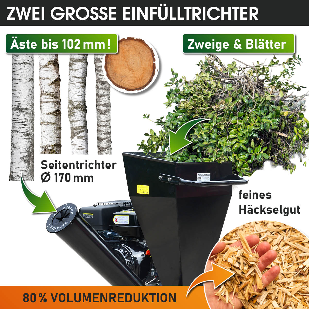Häcksler mit zwei großen Einfülltrichtern: Seitentrichter mit ⌀170 mm und Haupteinfülltrichter für Zweige und Blätter