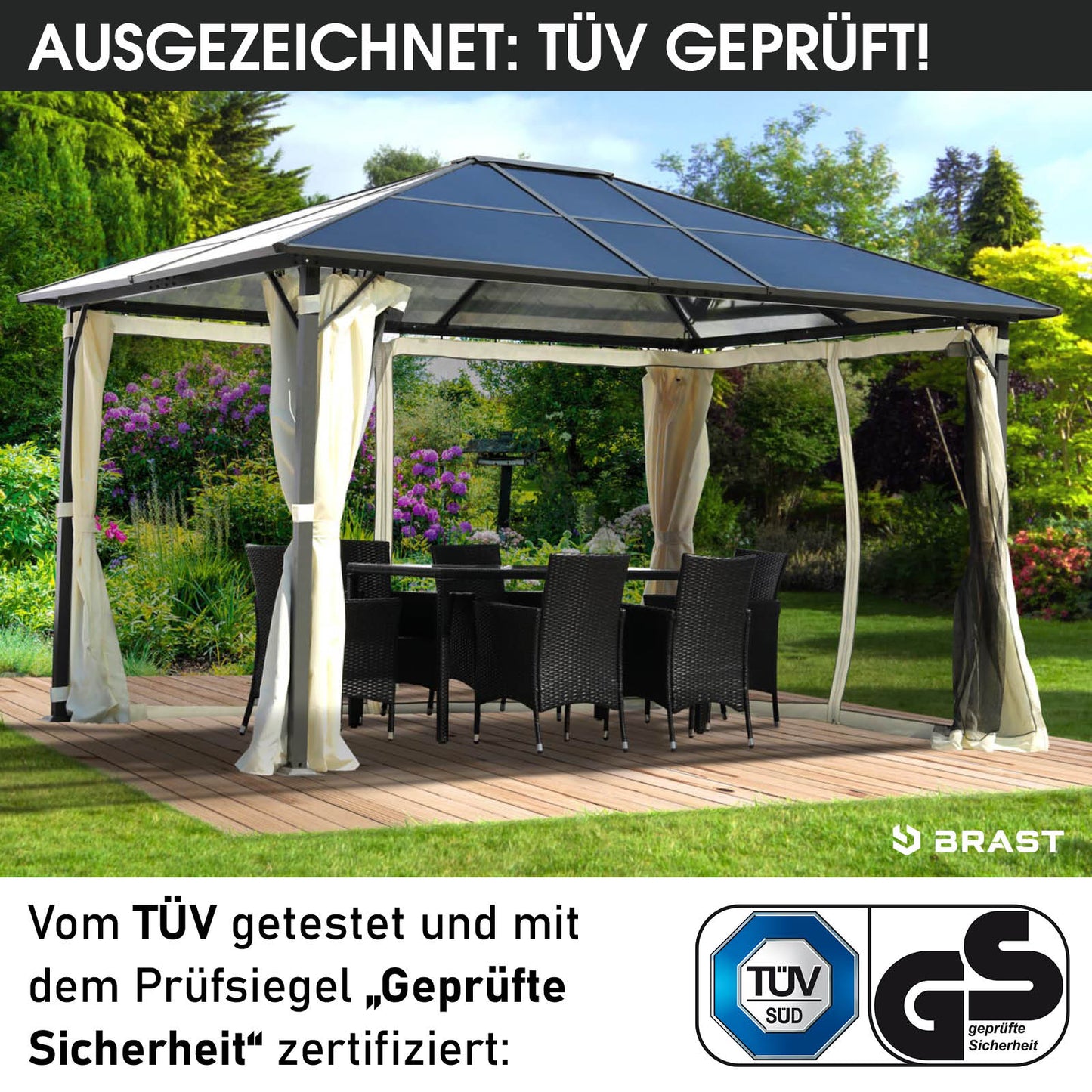 Beiger Aluminium-Gartenpavillon 3x4m mit wasserdach, sturmfest, winterfest und stabil, ganzjährig nutzbar.