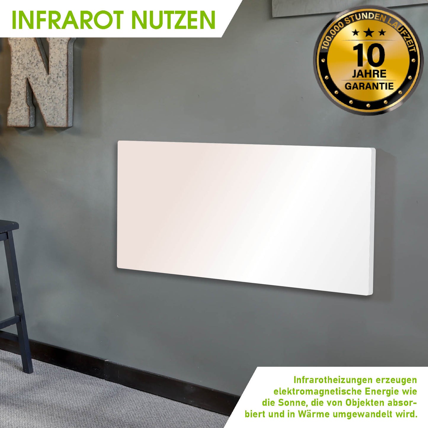 Weiße rechteckige Wandheizung mit glatter Oberfläche und moderner Optik.