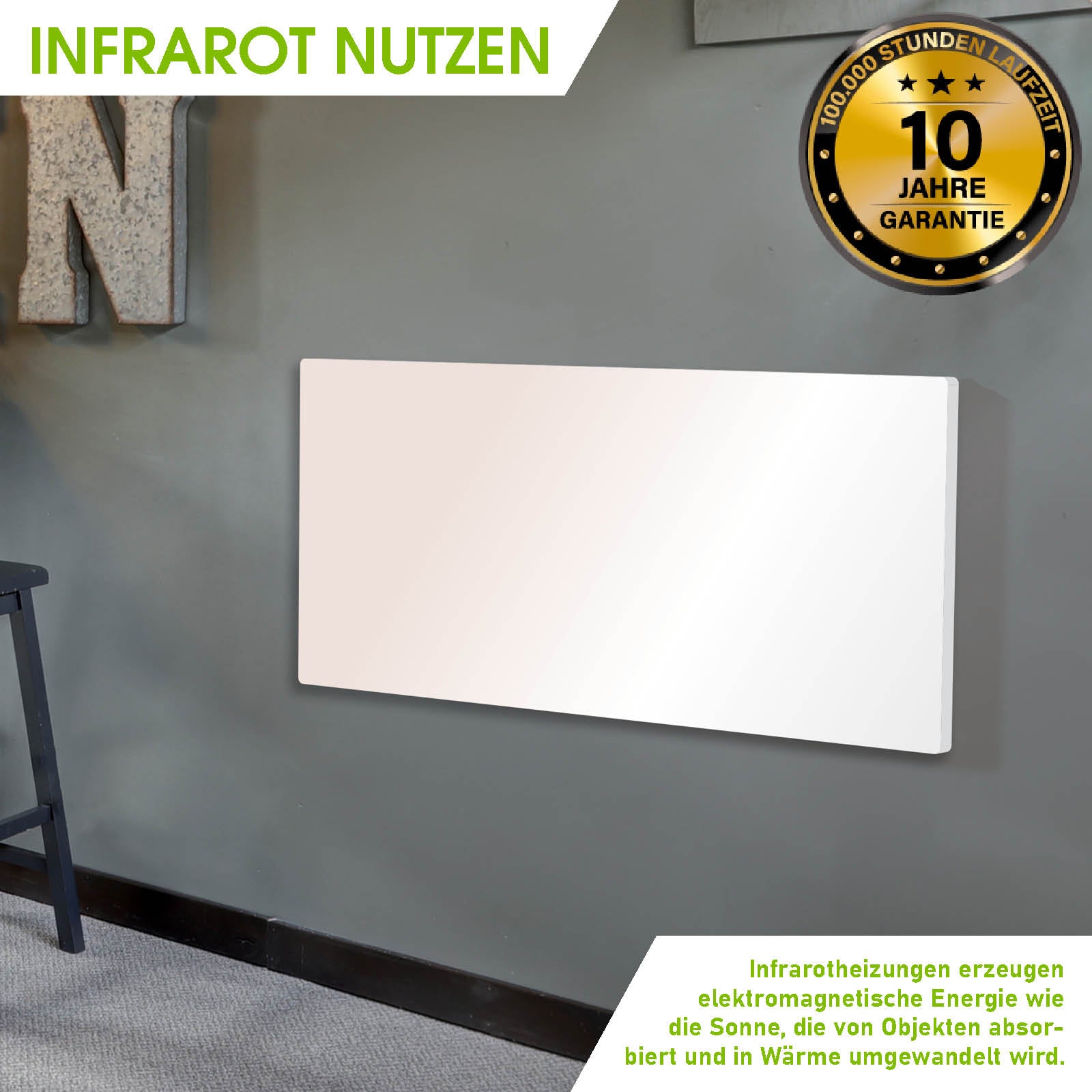 Weiße rechteckige Wandheizung mit glatter Oberfläche und moderner Optik.