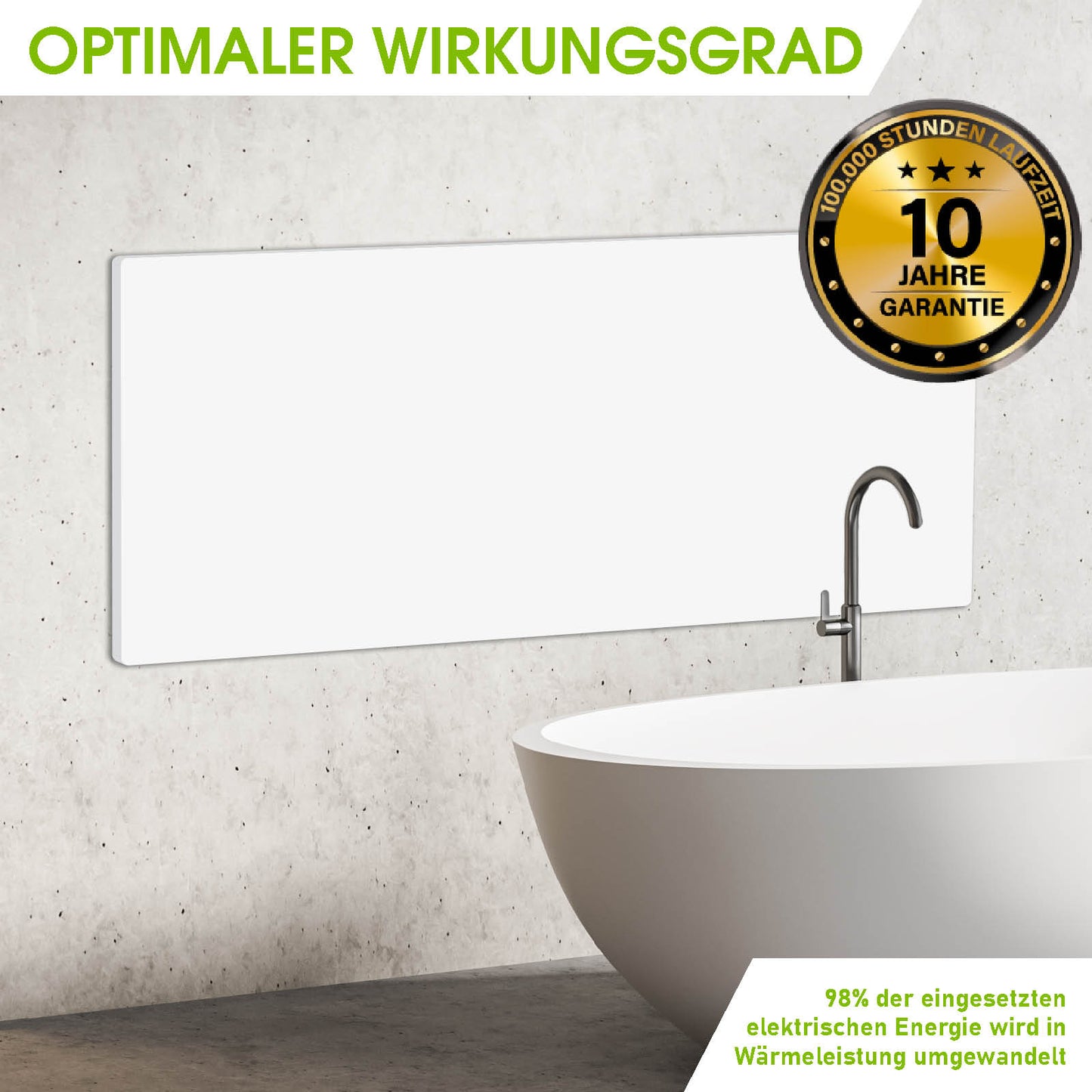 Weiße wandmontierte BRAST Infrarot-Heizung ISP 550 über grauem Waschbecken mit Wasserhahn in modernem Bad.