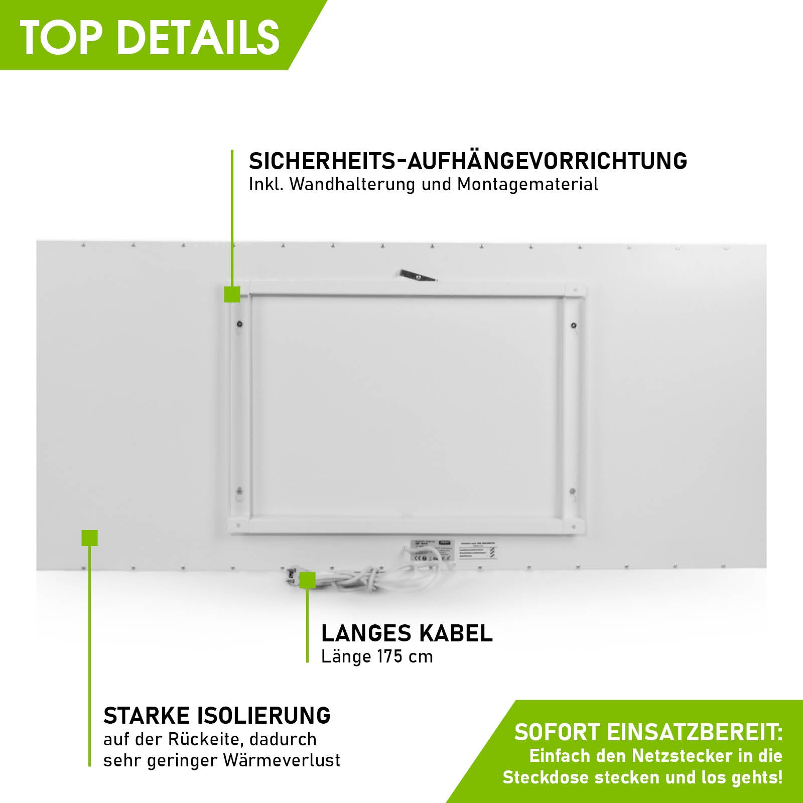 Weiße rechteckige Infrarotheizung mit Sicherheits-Aufhängung und langem Kabel, flache Rückseite.