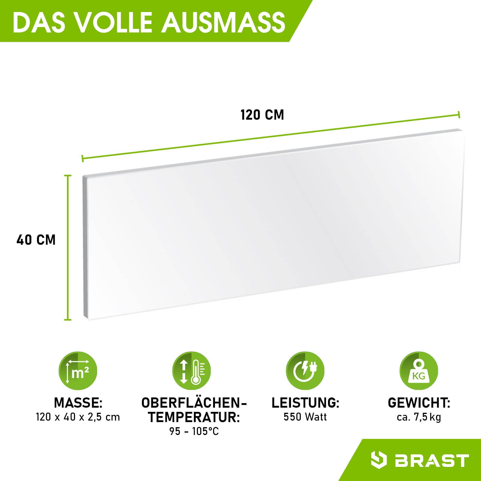 Weiße rechteckige Infrarot-Heizung 120x40 cm, glatte Oberfläche, 550 Watt Leistung.