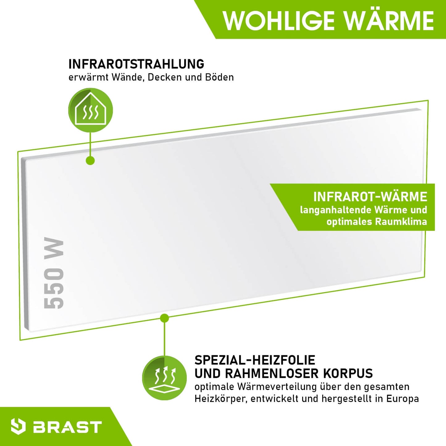 Weiße flache Infrarotheizung mit 550 W Leistung und glatter Oberfläche.