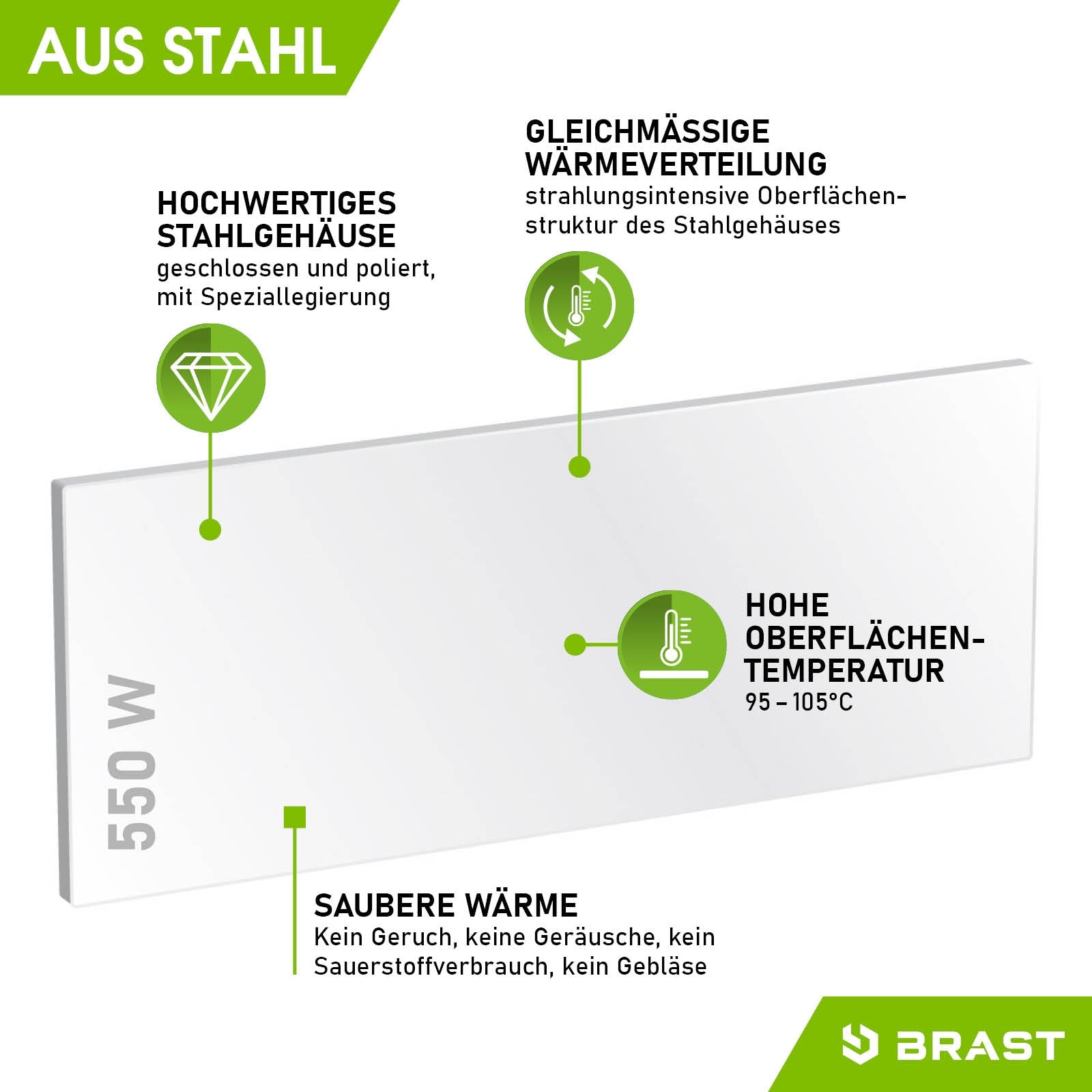 Weiße Infrarot-Heizung aus Stahl mit glatter Oberfläche und 550 Watt Leistung.