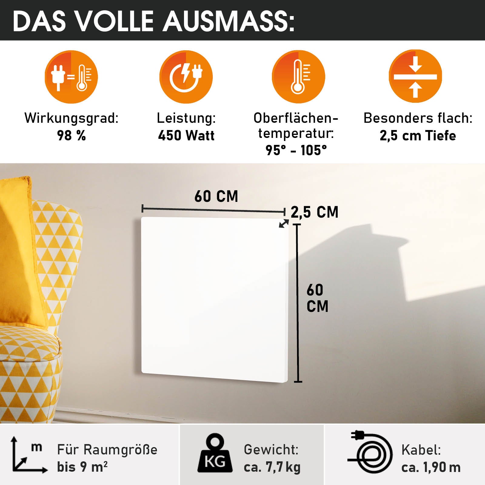 Weiße, flache Hybrid-Infrarotheizung ISP-HB 450, 60x60 cm, 2,5 cm tief, modern und minimalistisch.