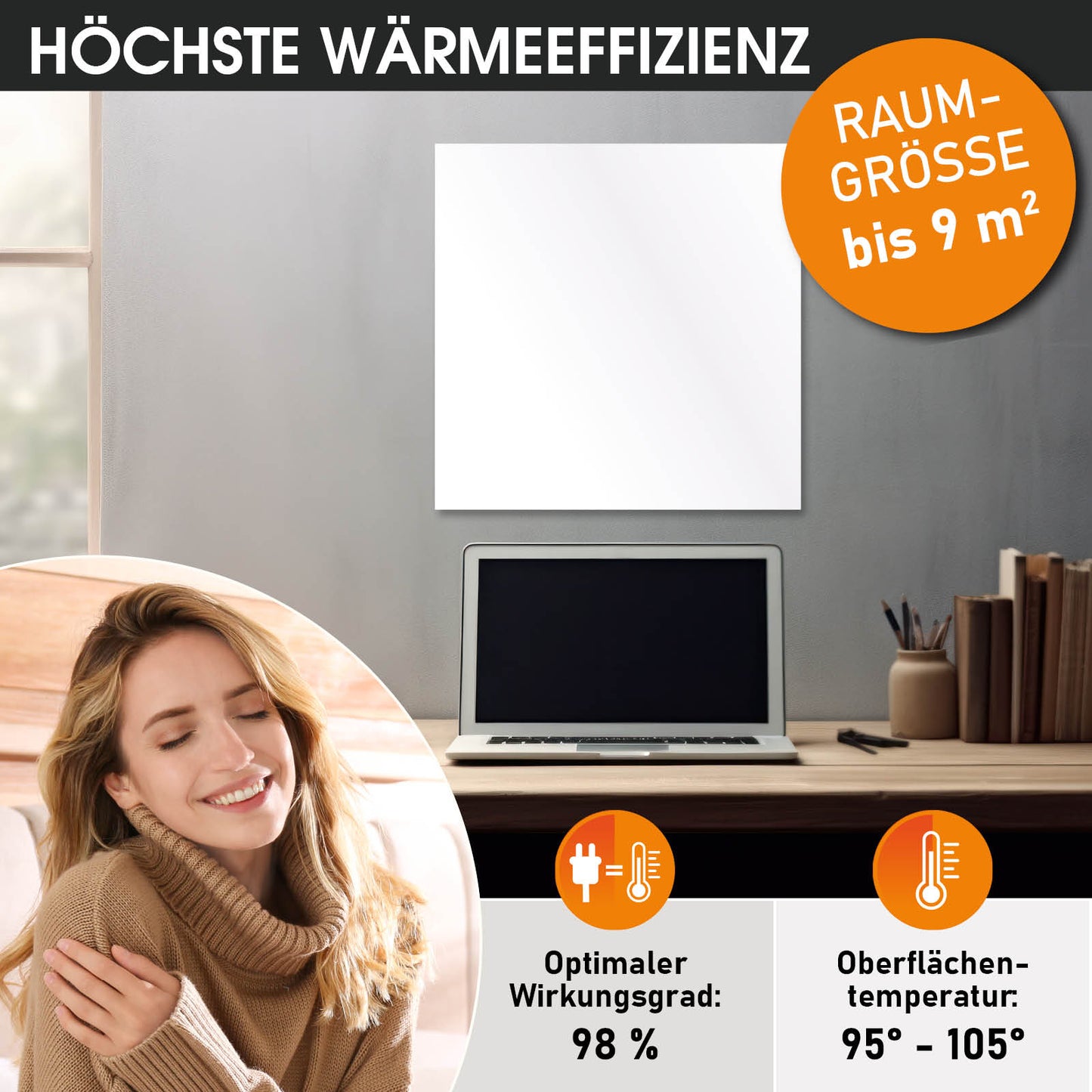 Weiße quadratische Hybrid Infrarotheizung an grauer Wand über Laptop, minimalistisches Design.