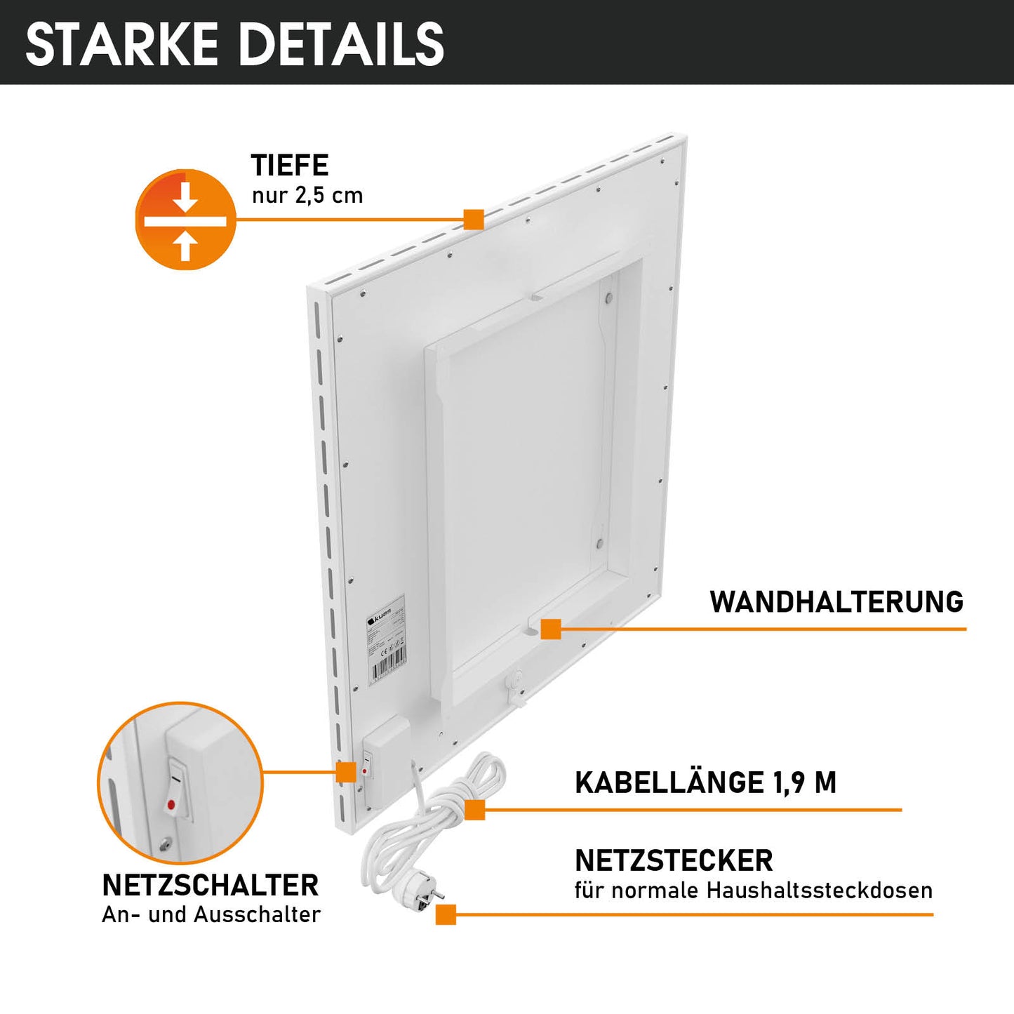 Weiße flache Hybrid Infrarotheizung mit Wandhalterung und 1,9 m Kabel, 2,5 cm Tiefe.