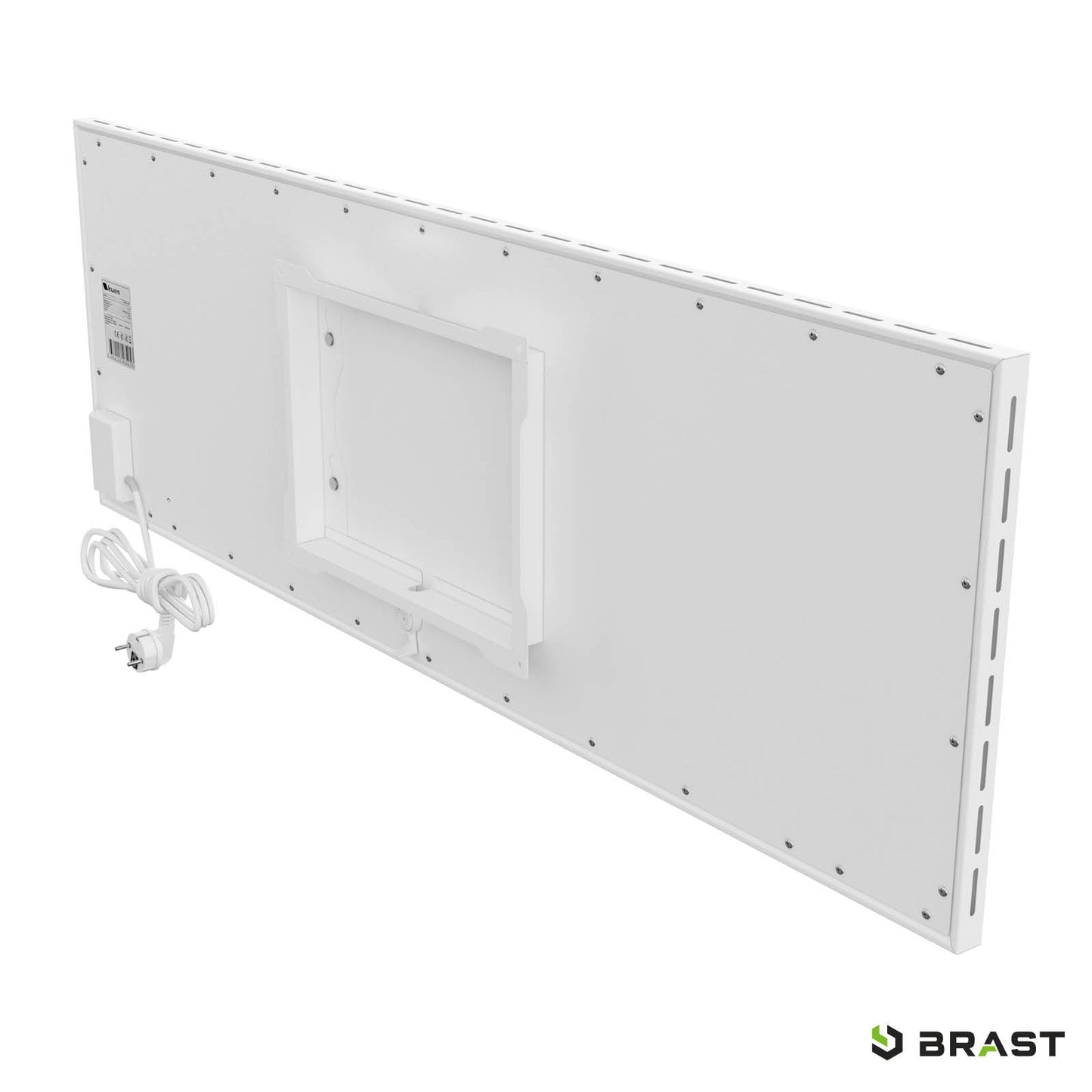 Weiße flache Hybrid-Infrarotheizung mit Stecker und Wandhalterung auf Rückseite.