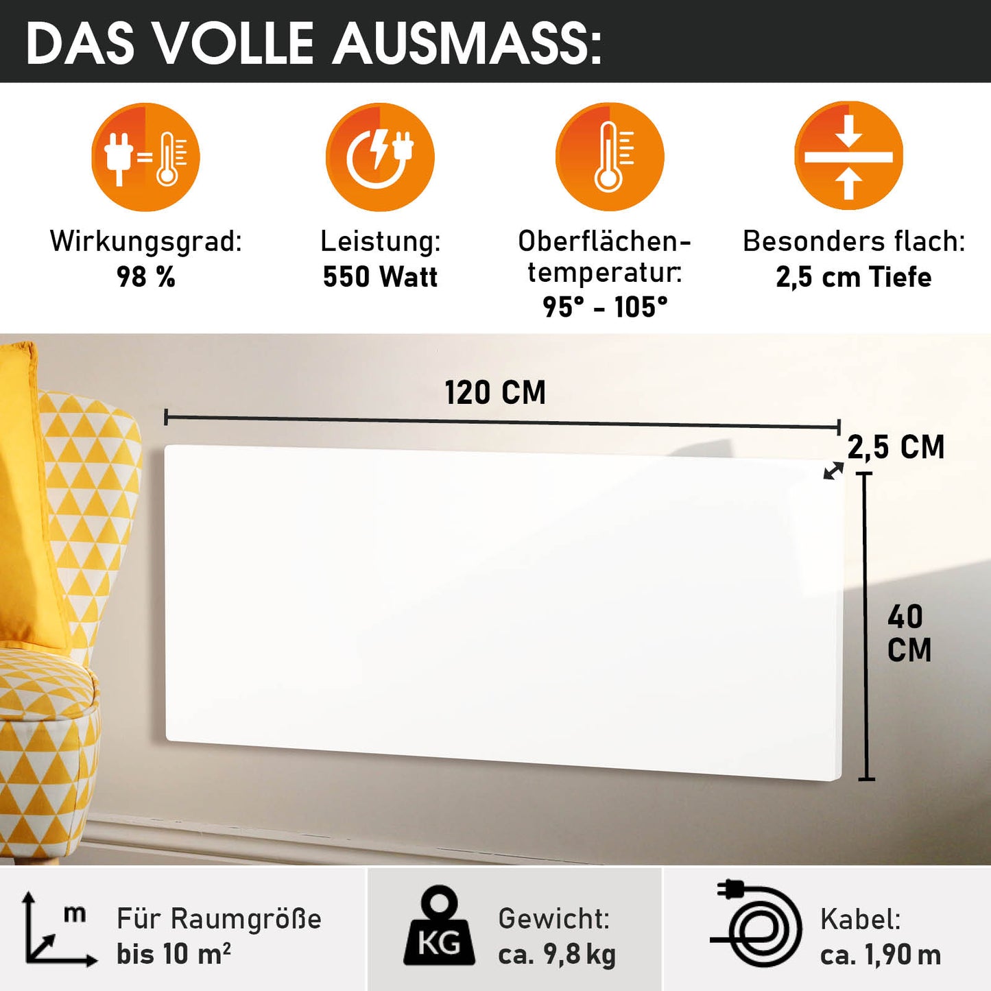Weiße, flache Hybrid Infrarotheizung 120x40 cm mit 2,5 cm Tiefe und glatter Oberfläche.