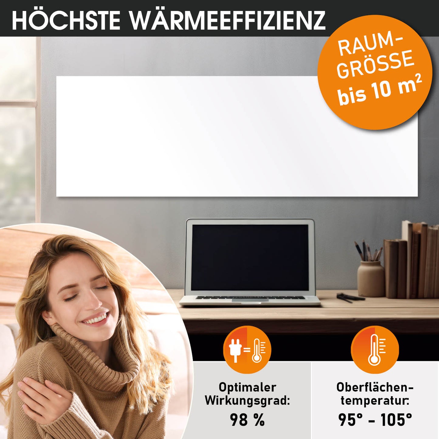Weiße Hybrid Infrarotheizung ISP-HB 550 mit glatter Oberfläche, rechteckig, Wandmontage, für Räume bis 10 m².