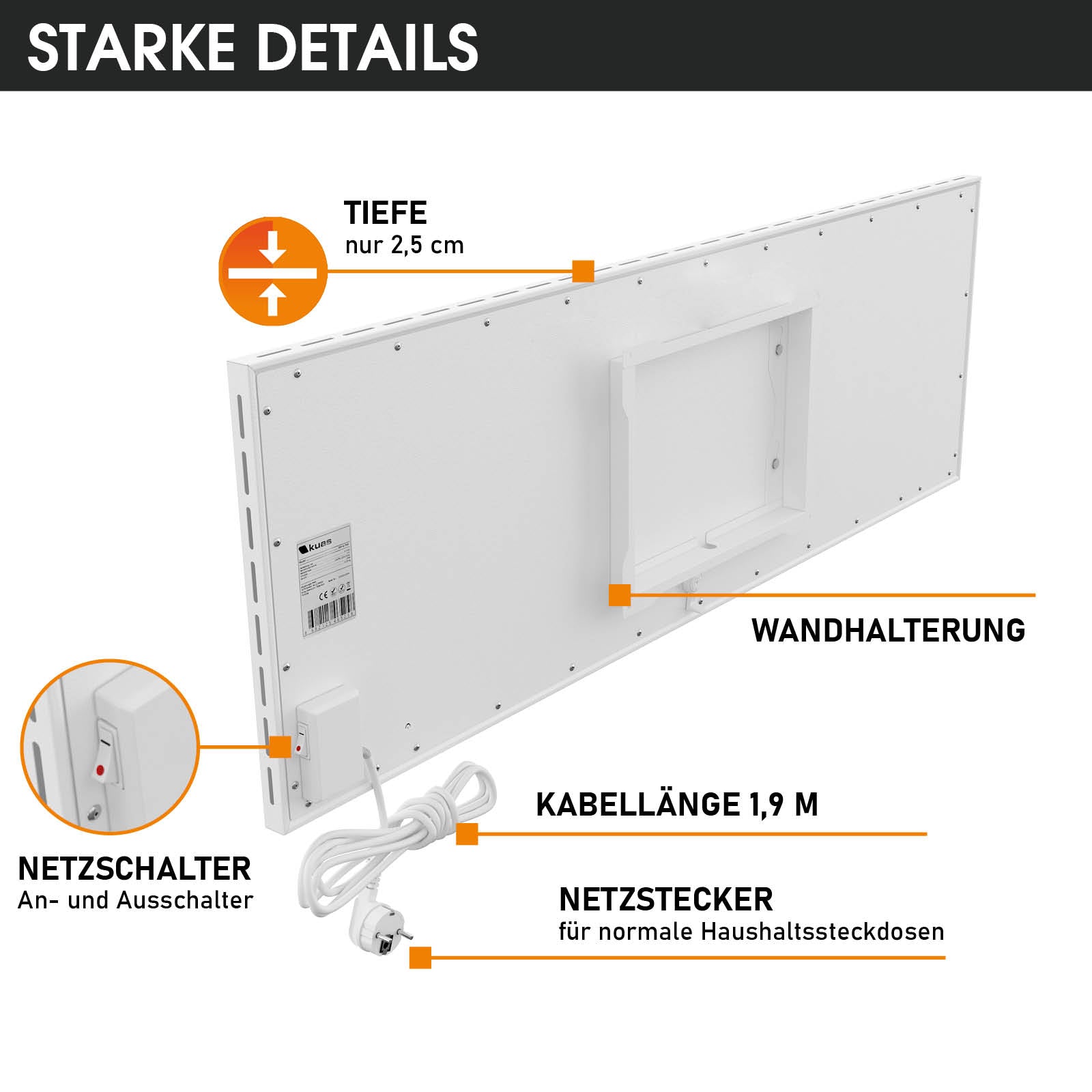 Hybrid Infrarotheizung weiß, 2,5 cm tief, mit Wandhalterung, Netzschalter und 1,9 m Kabel.