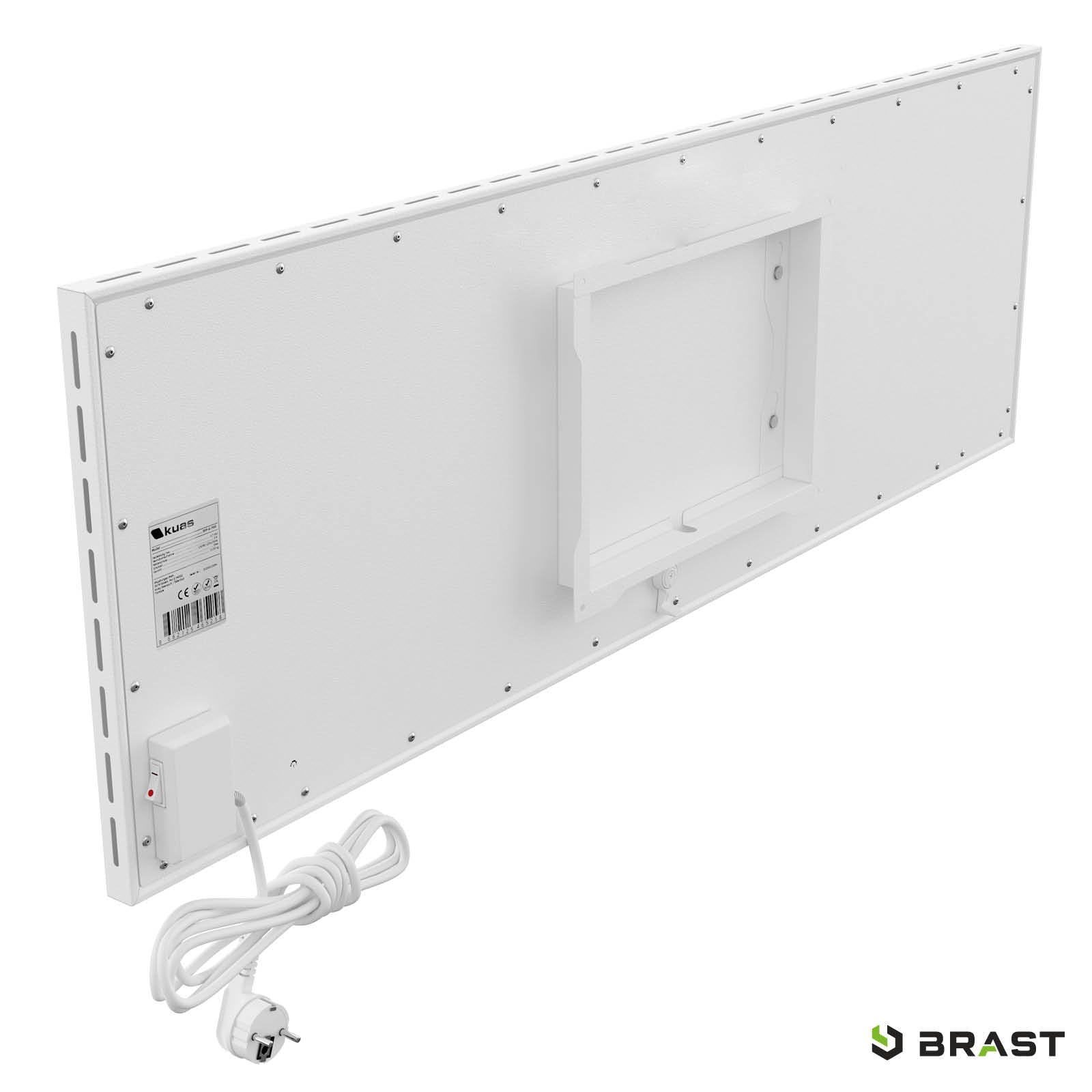 Weiße Hybrid Infrarotheizung mit flacher rechteckiger Oberfläche und Stromkabel.